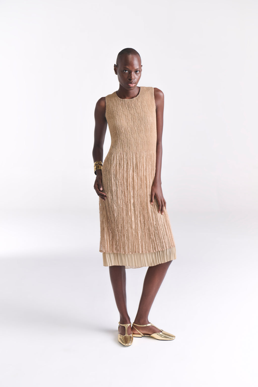 Crinkled Lace Nude Midi Dress