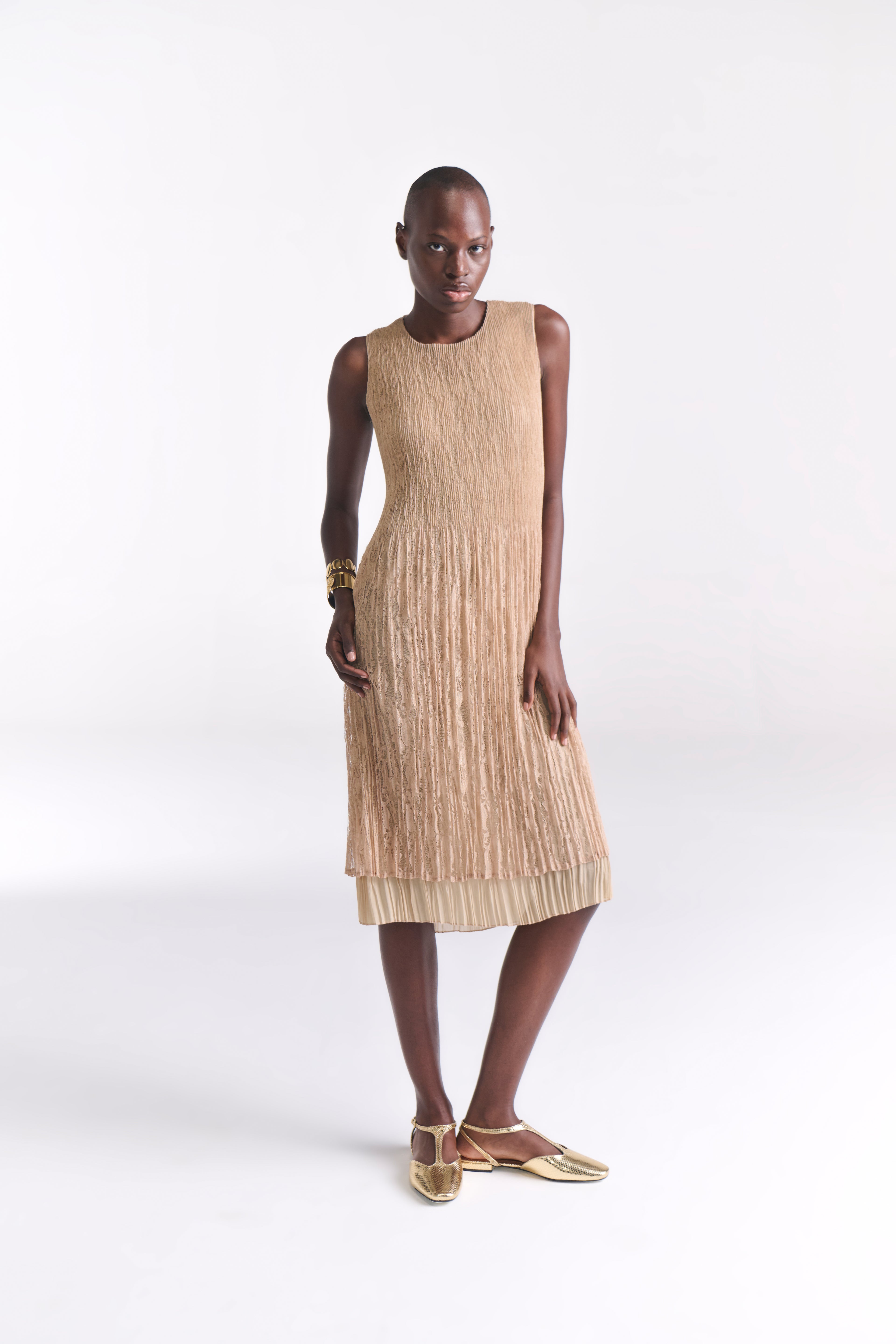 Crinkled Lace Nude Midi Dress  the-curated-collective-in