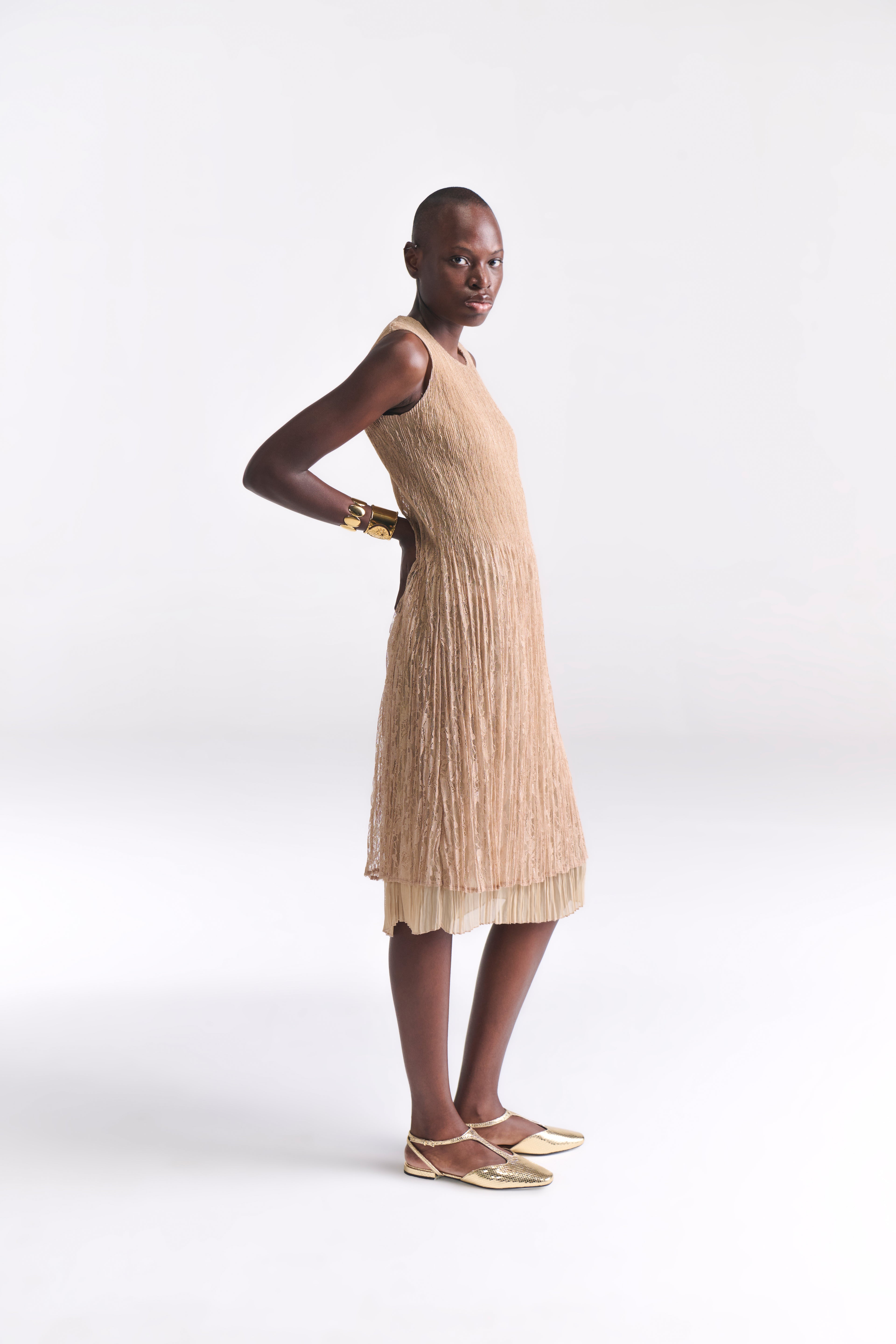 Crinkled Lace Nude Midi Dress