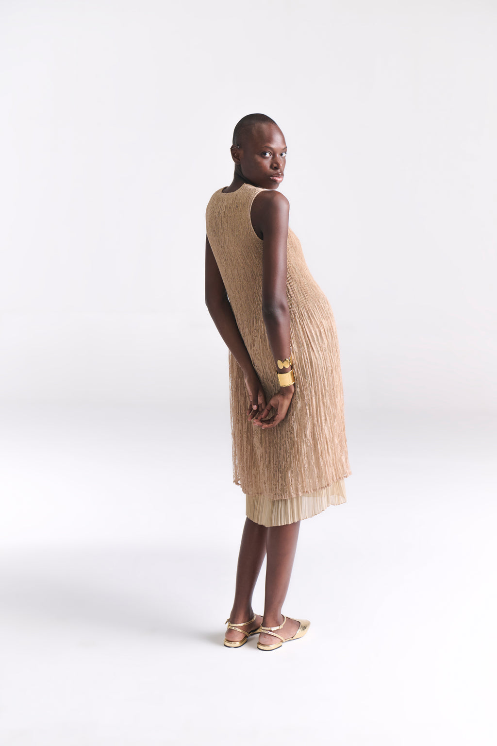 Crinkled Lace Nude Midi Dress