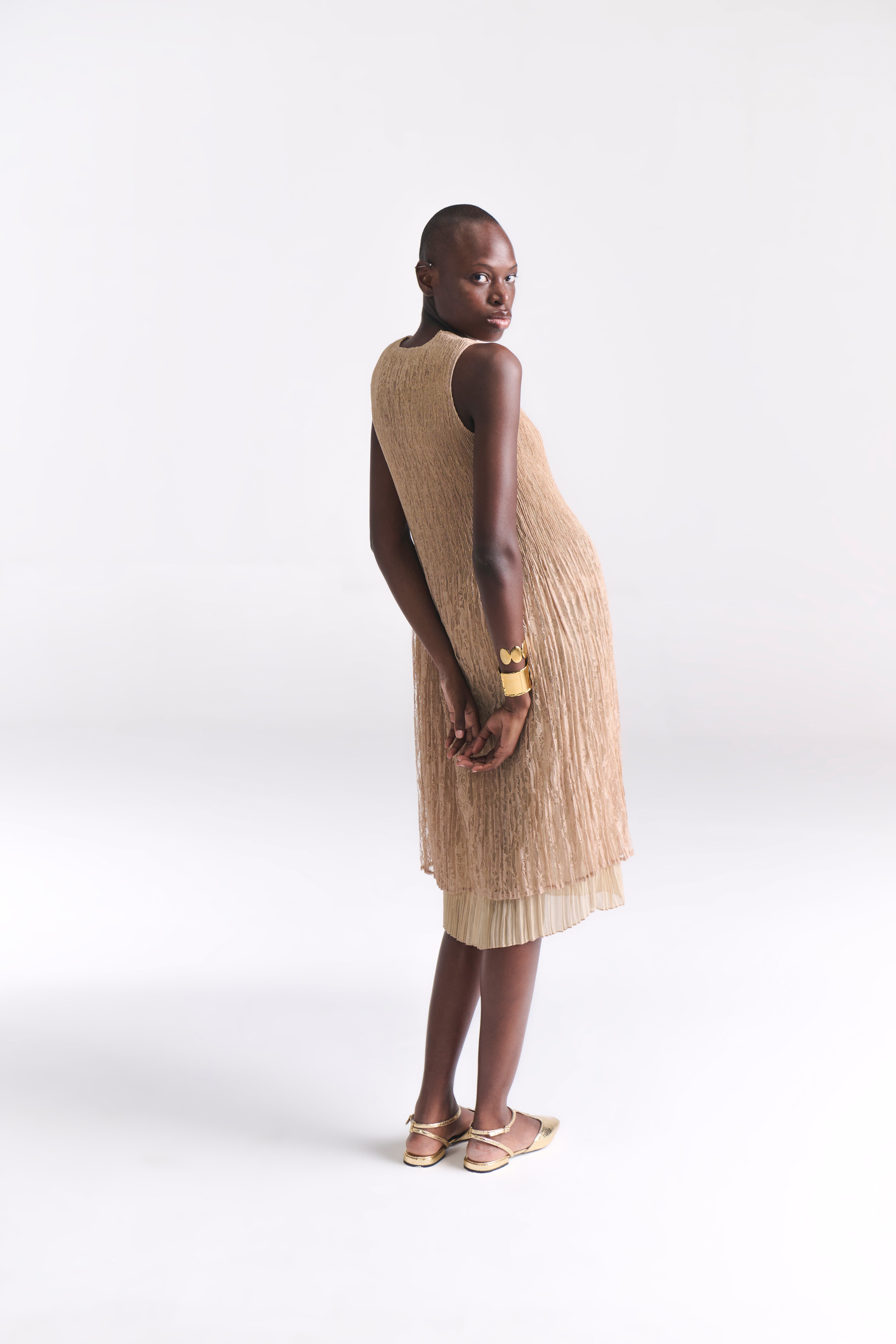 Crinkled Lace Nude Midi Dress