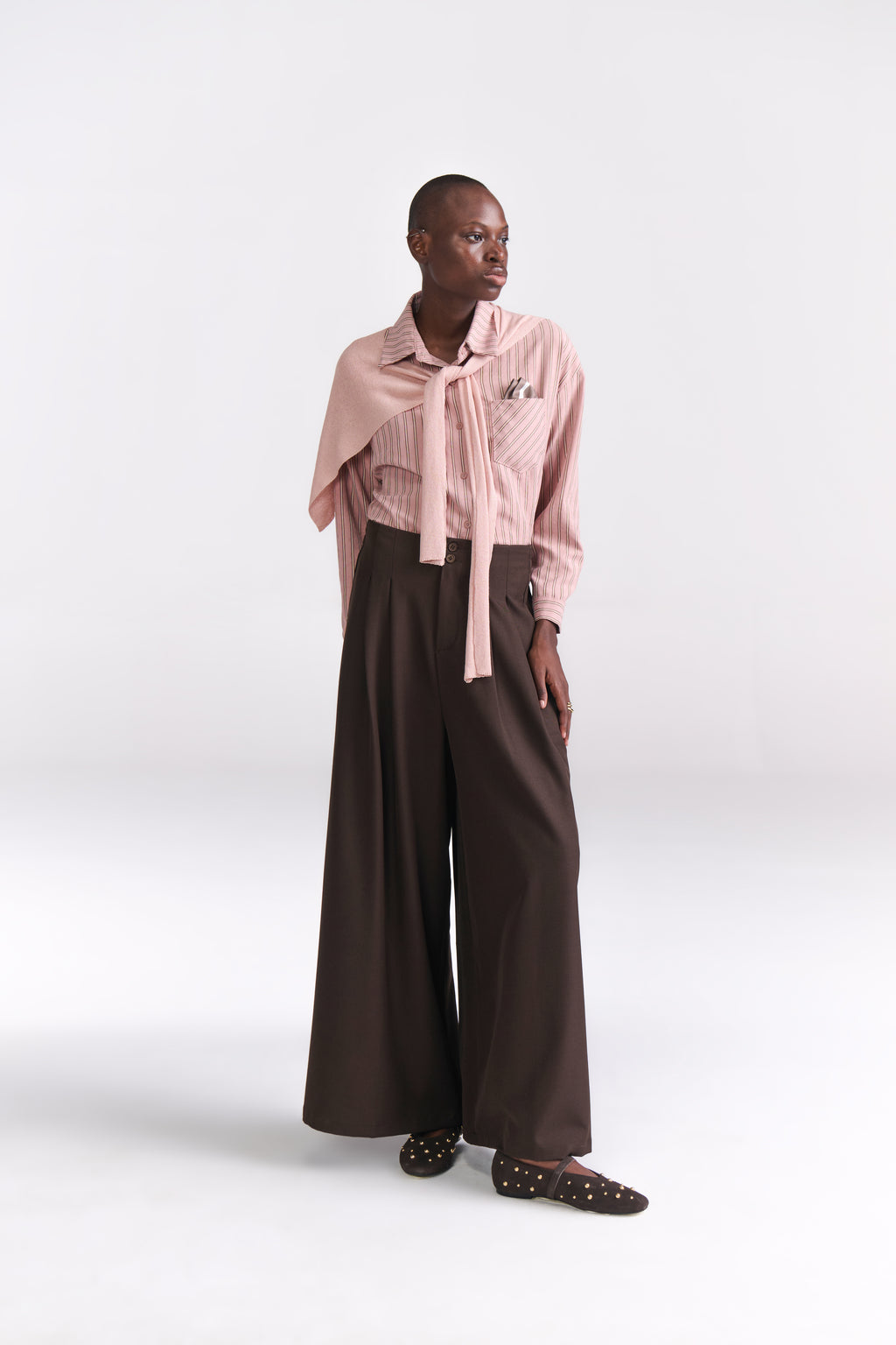 Blush Pink Striped Sand-Silk finish Shirt with Mock Sweater