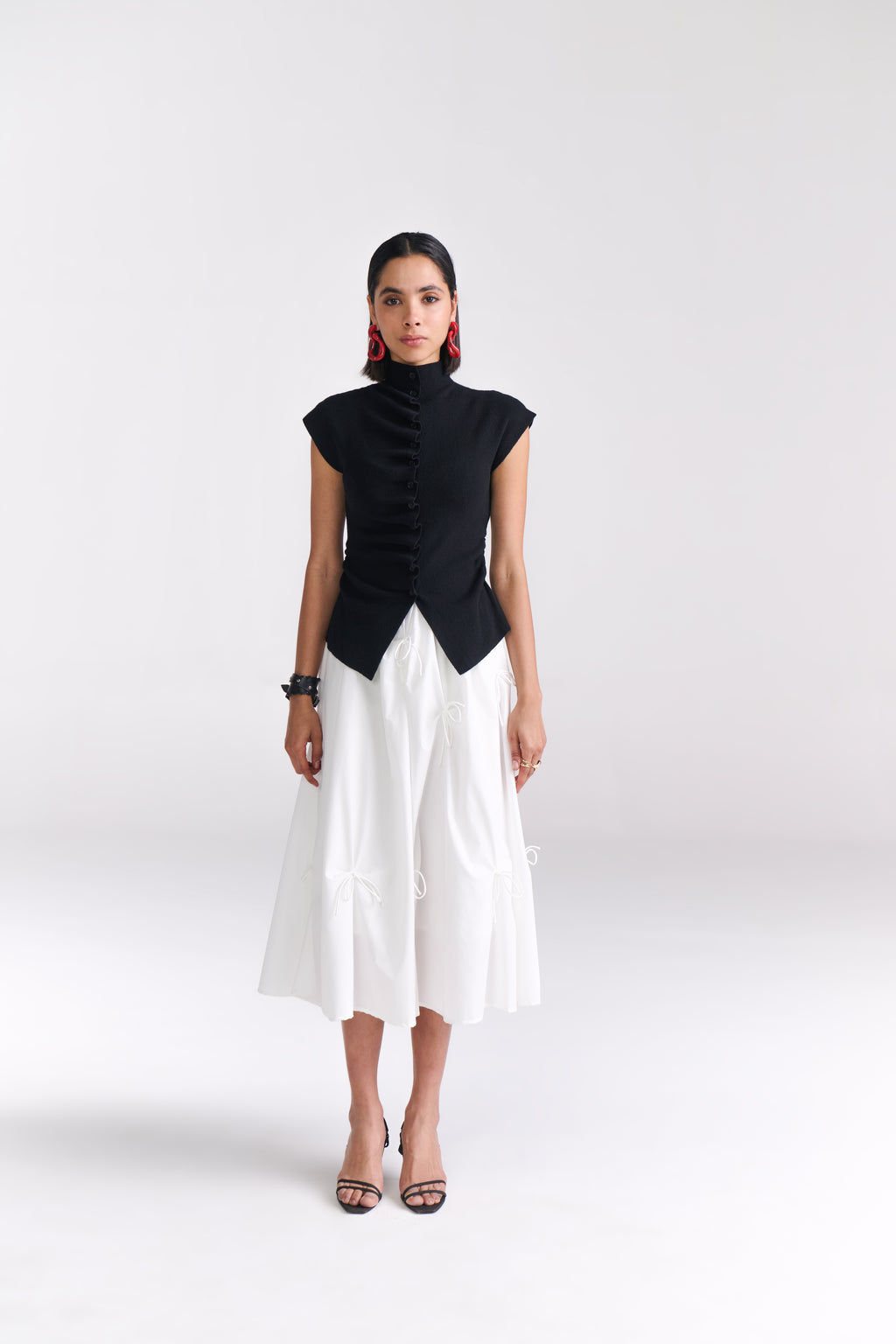 Black Ruched Button-Front Knit Top