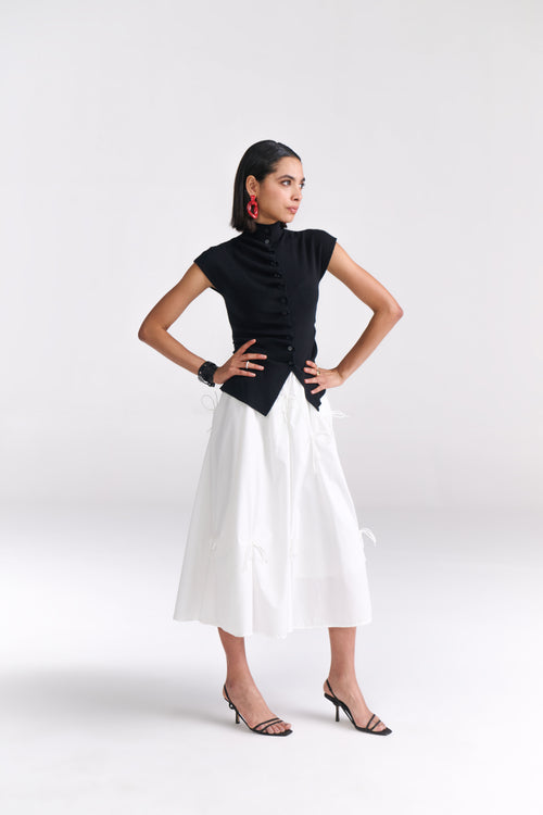 Black Ruched Button-Front Knit Top