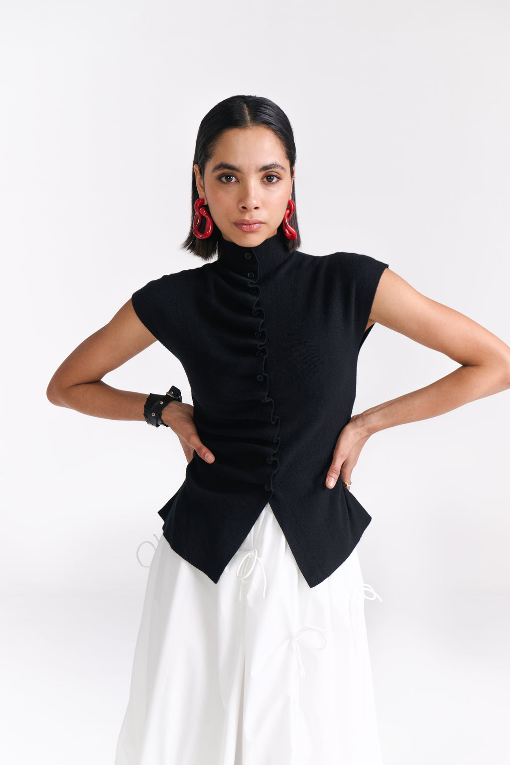 Black Ruched Button-Front Knit Top