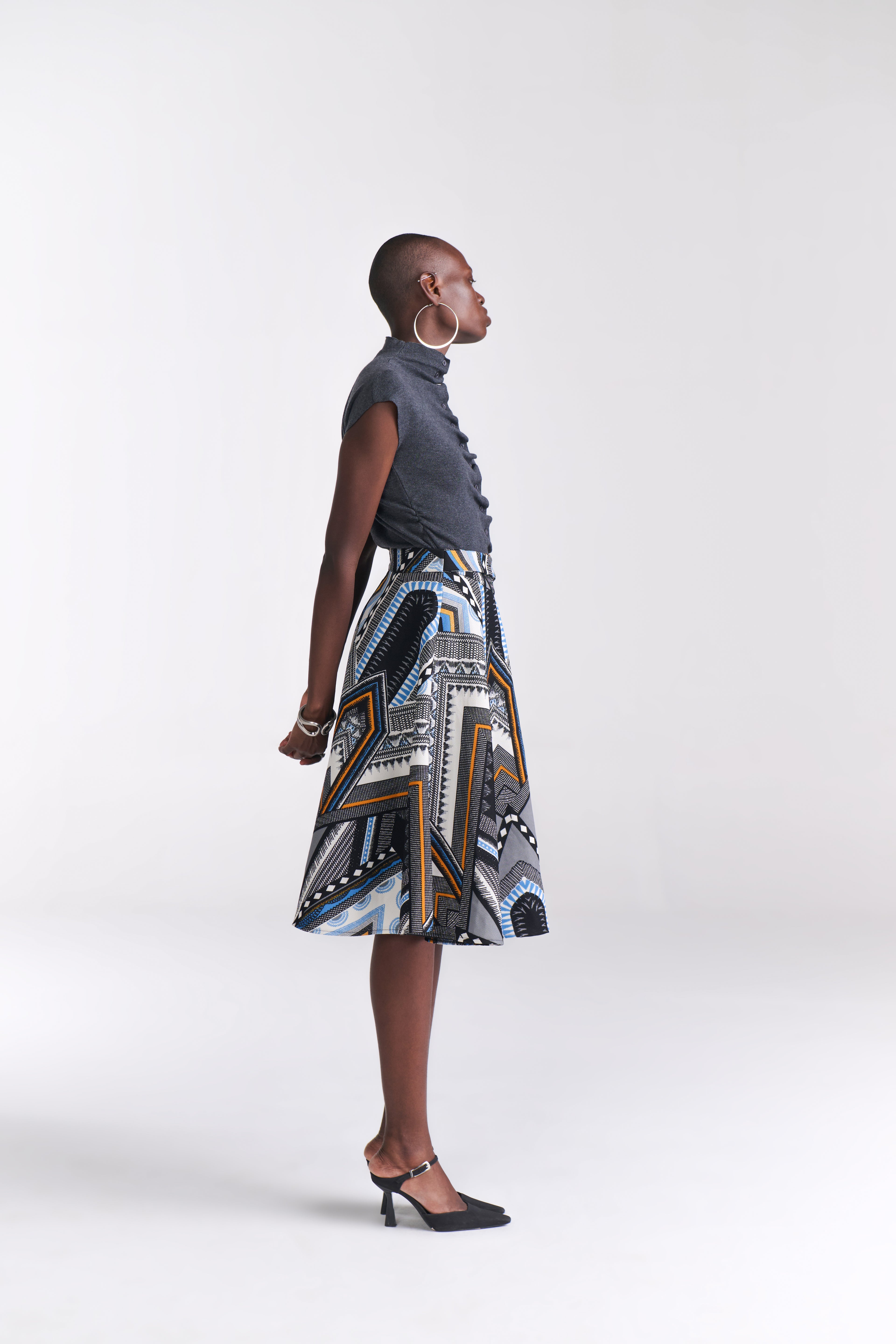 Geometric Print A-Line Midi Skirt