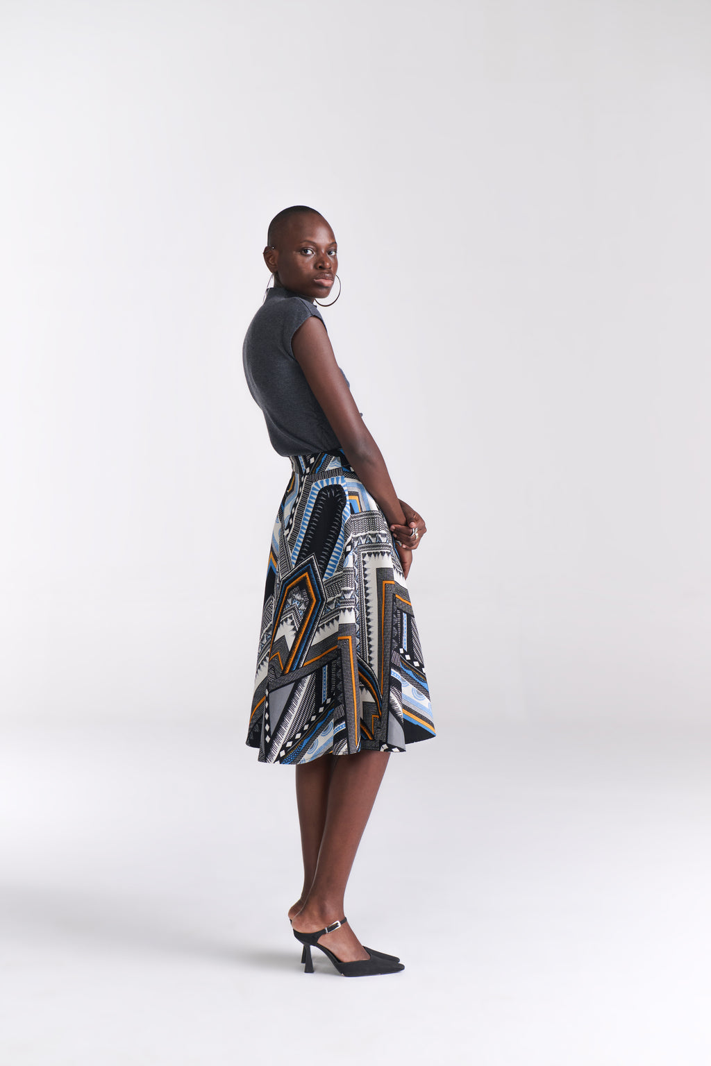 Geometric Print A-Line Midi Skirt