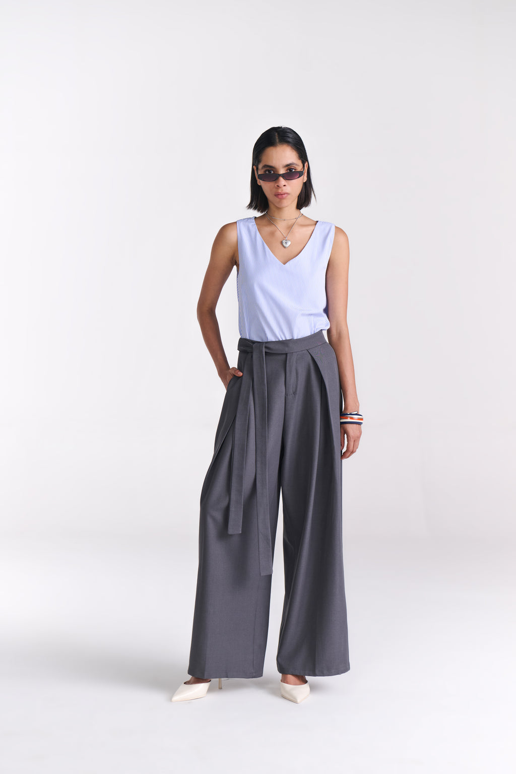 Blue Pinstripe Top with Open Back Tie Detail
