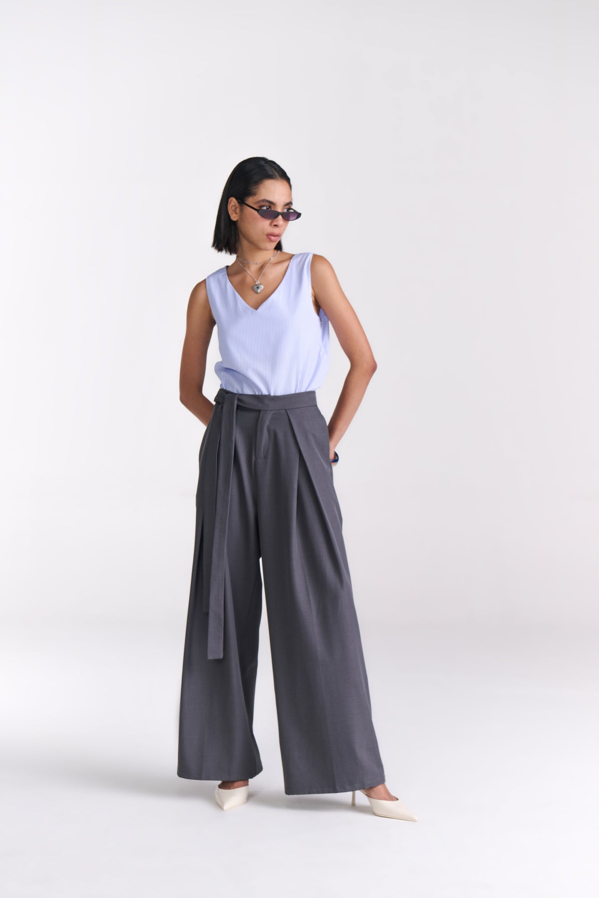 Grey Tailored Belted Wide Leg Pants view 2 — Tastes Like Couture, The Curated Collective