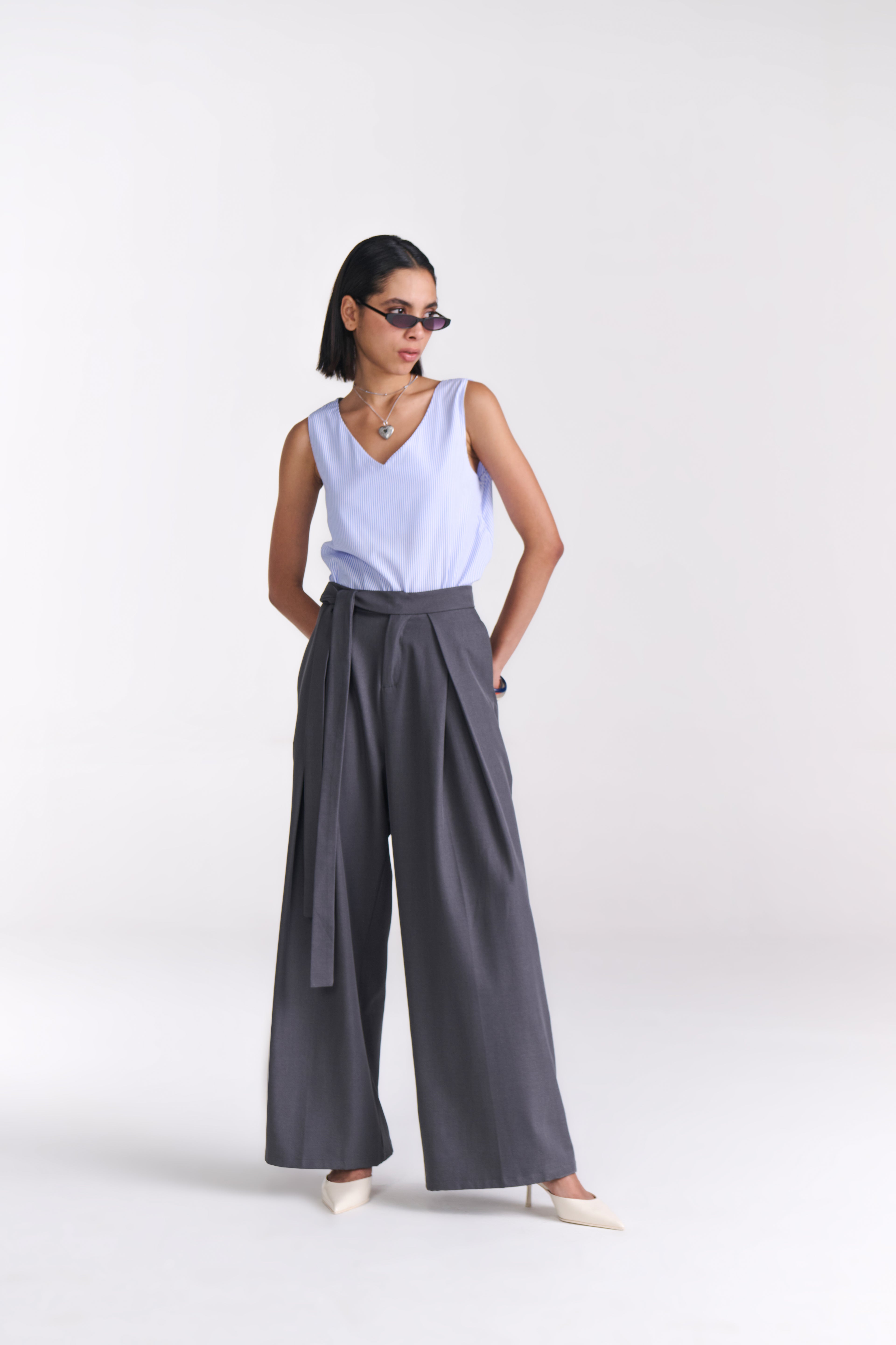 Grey Tailored Belted Wide Leg Pants