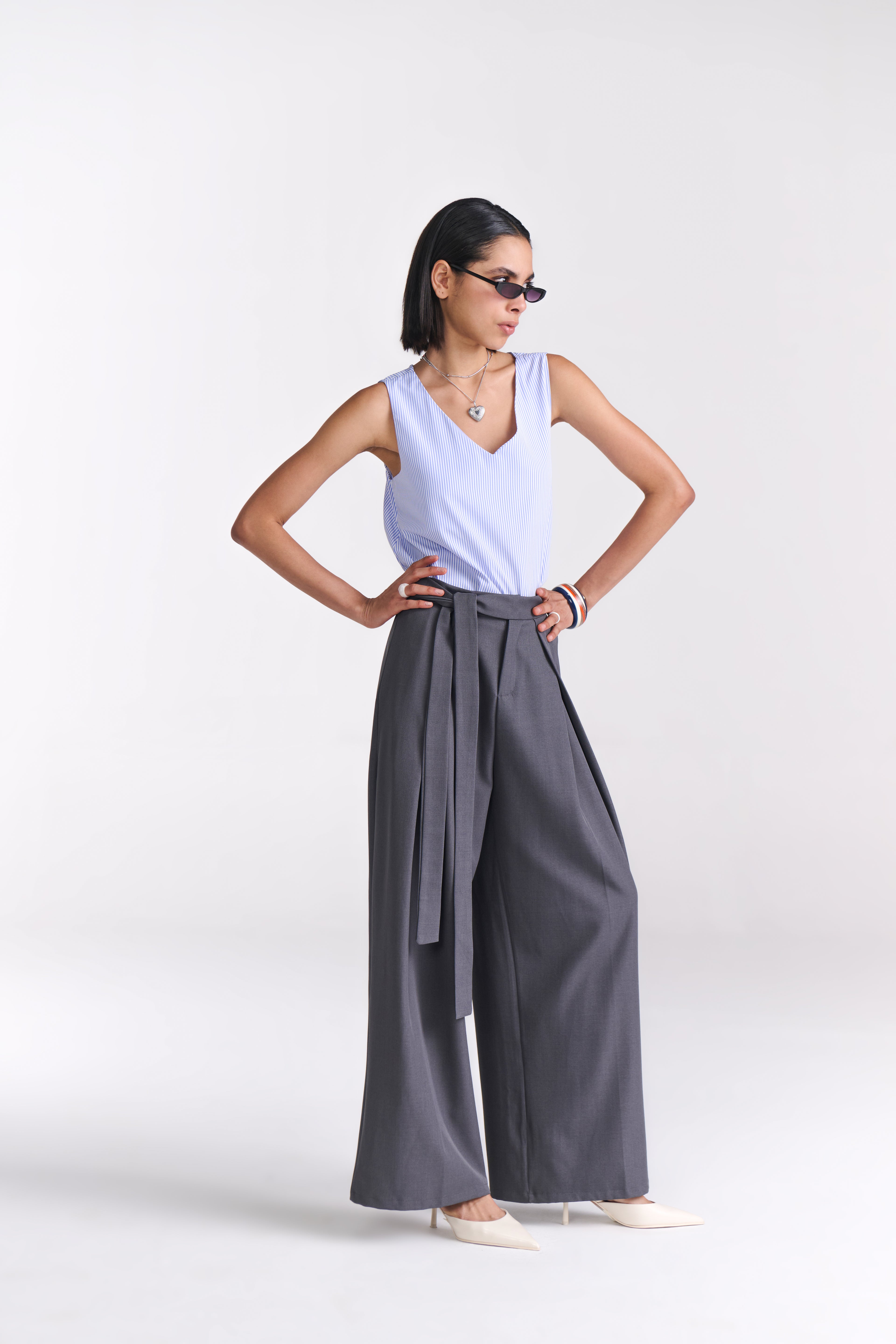 Grey Tailored Belted Wide Leg Pants