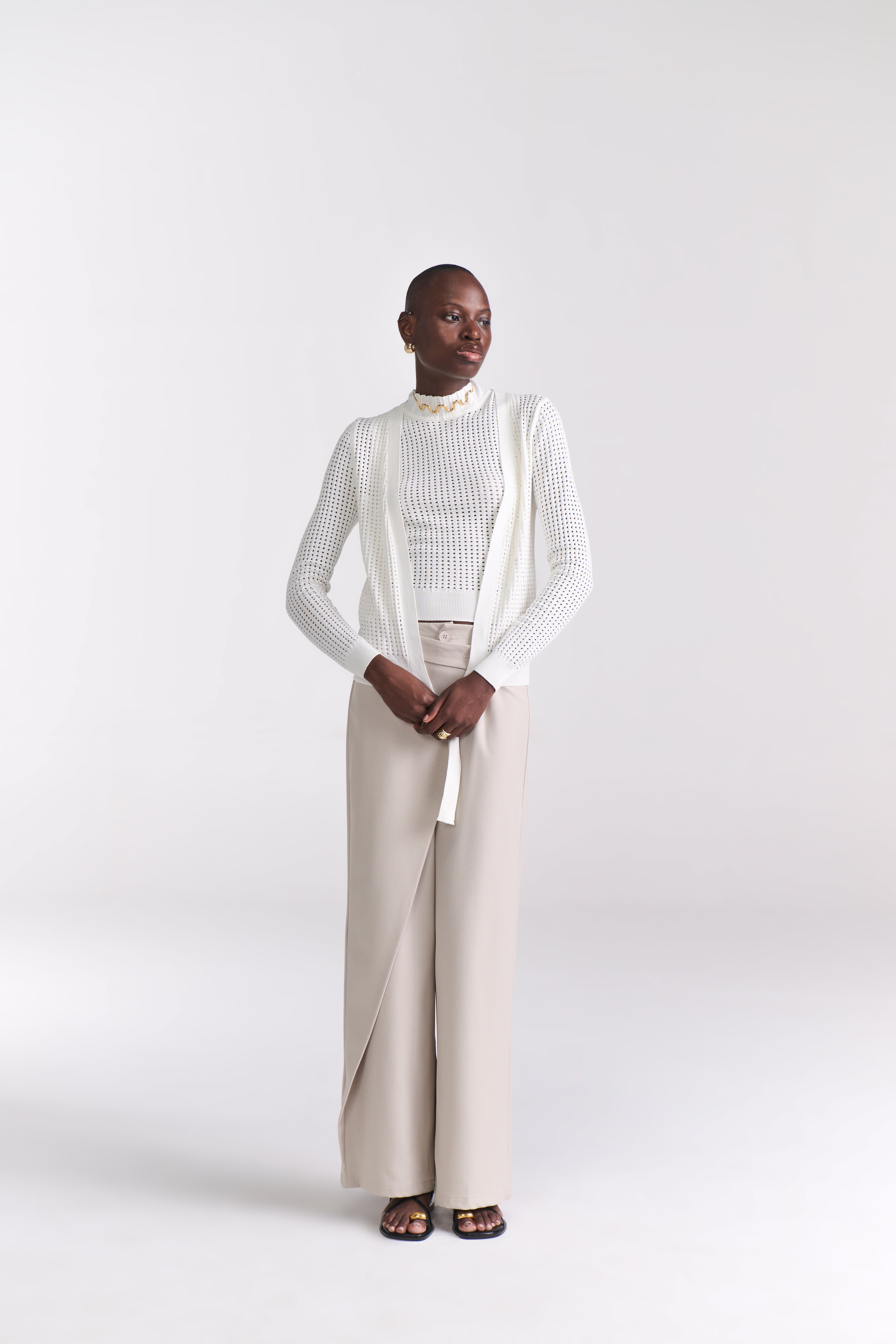 Beige Overlap Tailored Pants