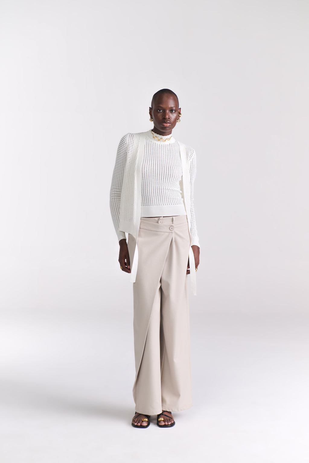 White Perforated Knit Top With Front Open Cardigan