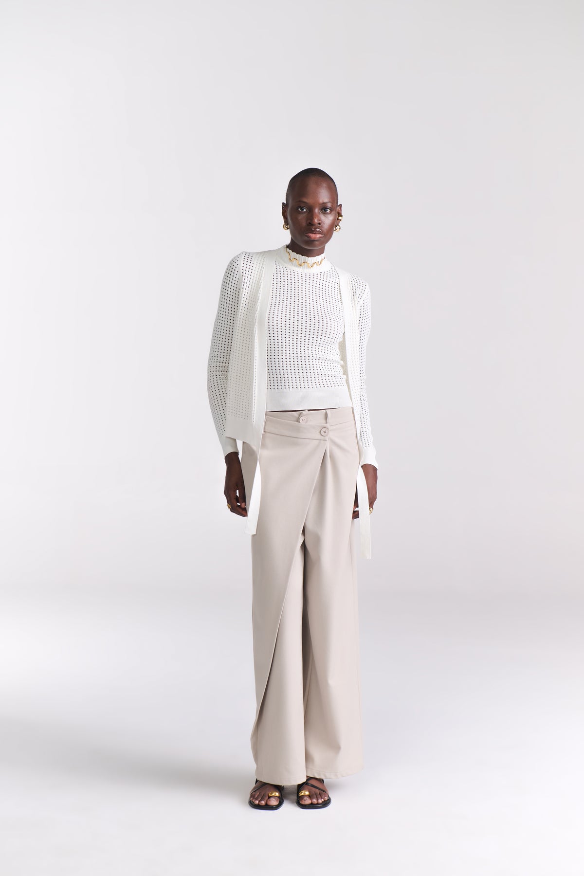 White Perforated Knit Top With Front Open Cardigan view 2 — Tastes Like Couture, The Curated Collective