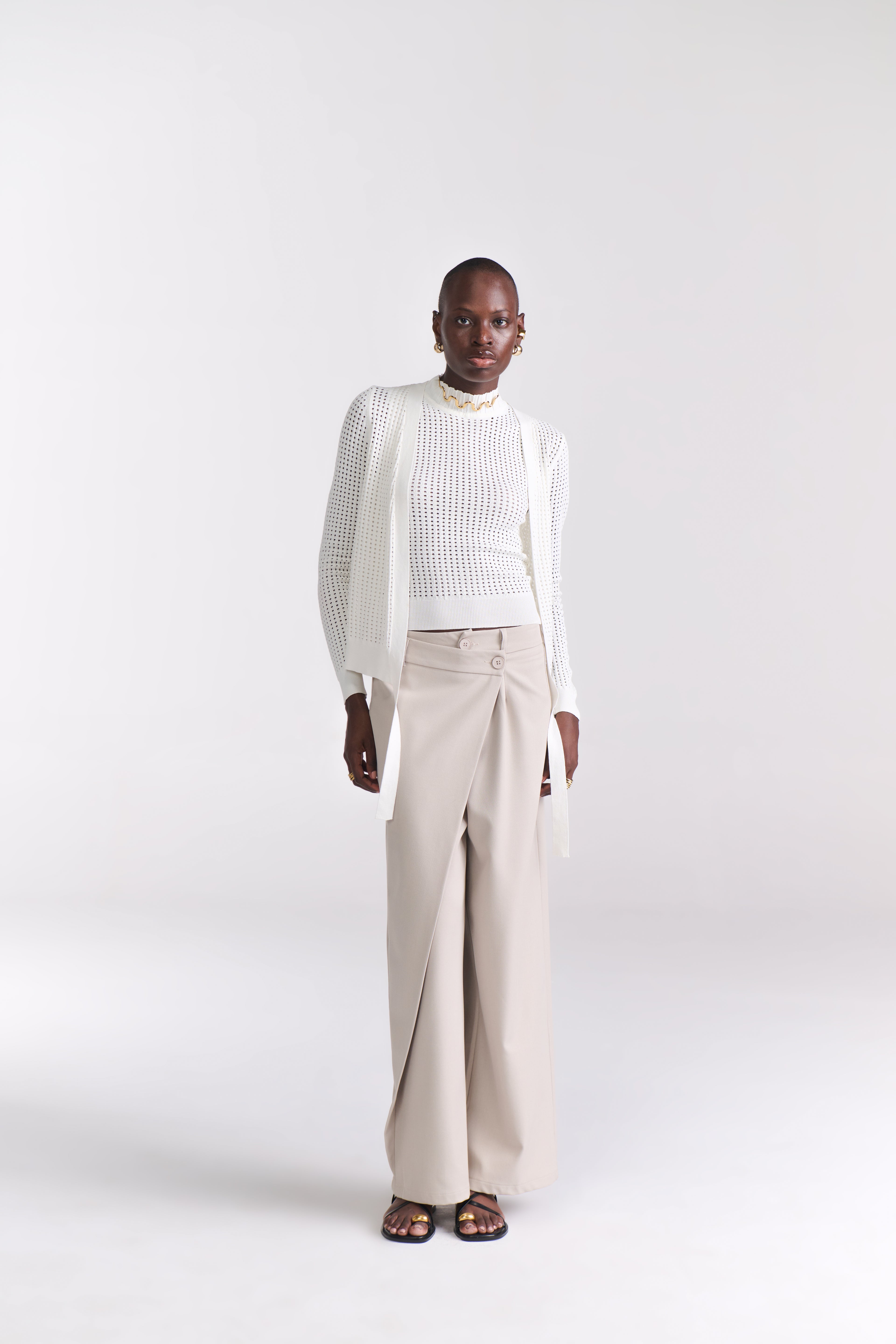 White Perforated Knit Top With Front Open Cardigan