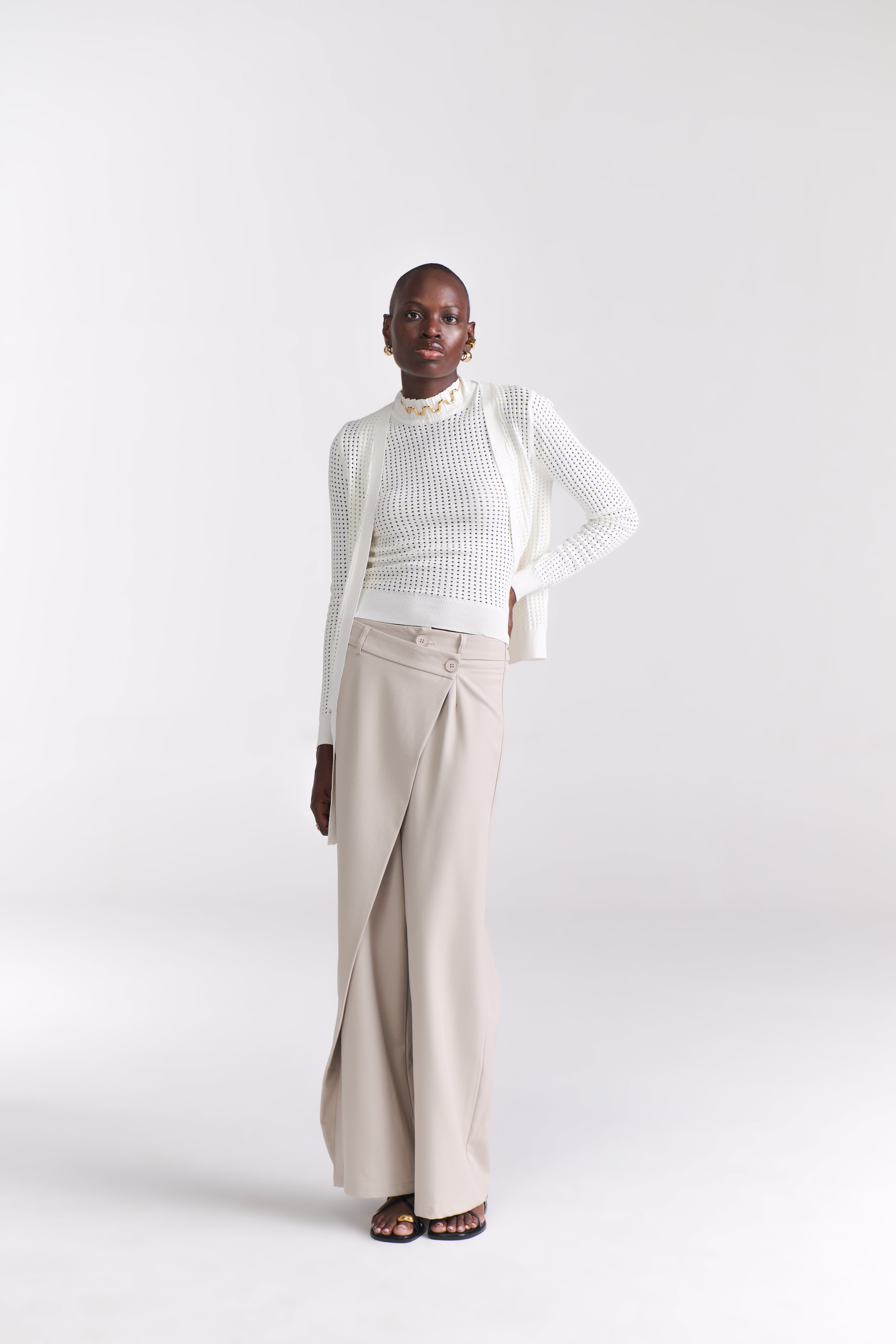 White Perforated Knit Top With Front Open Cardigan