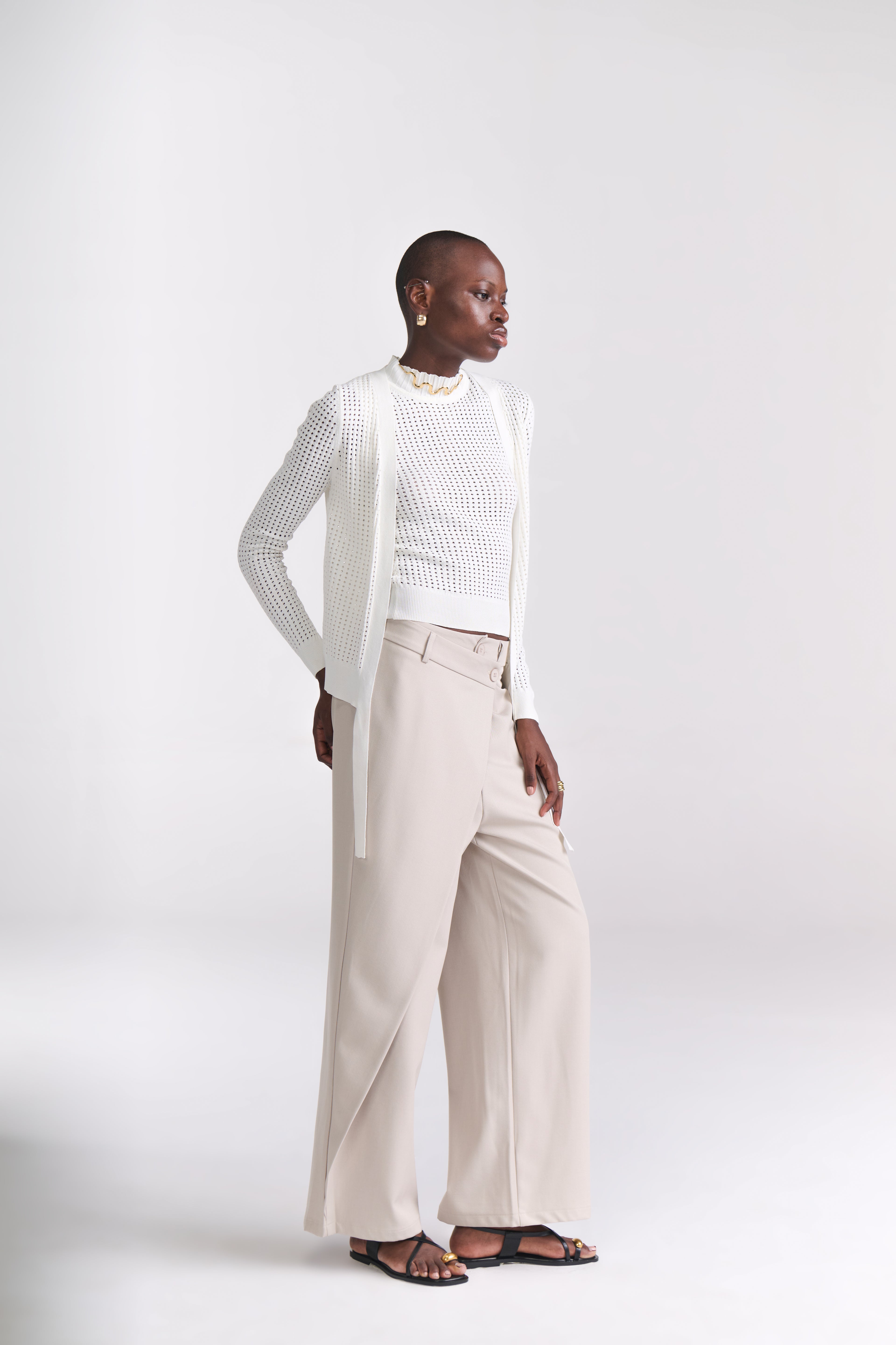 Beige Overlap Tailored Pants
