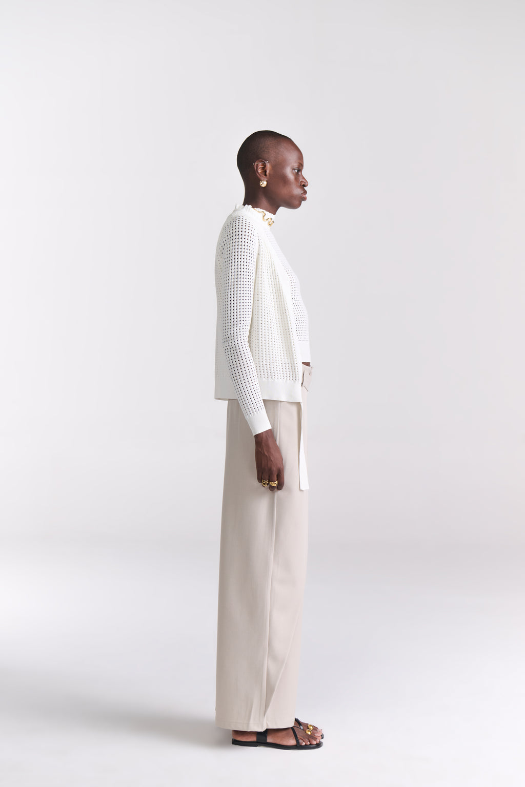 White Perforated Knit Top With Front Open Cardigan