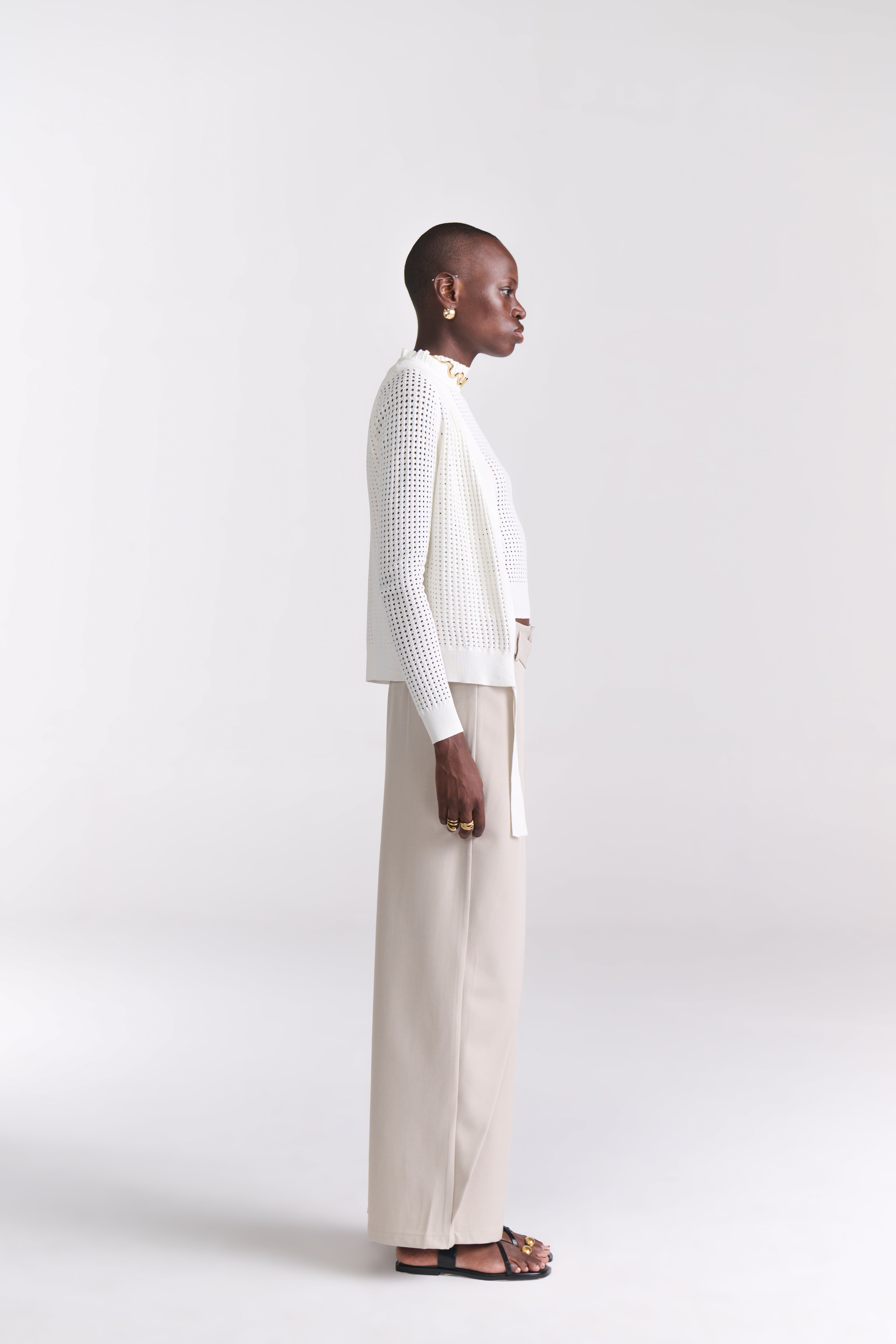 White Perforated Knit Top With Front Open Cardigan