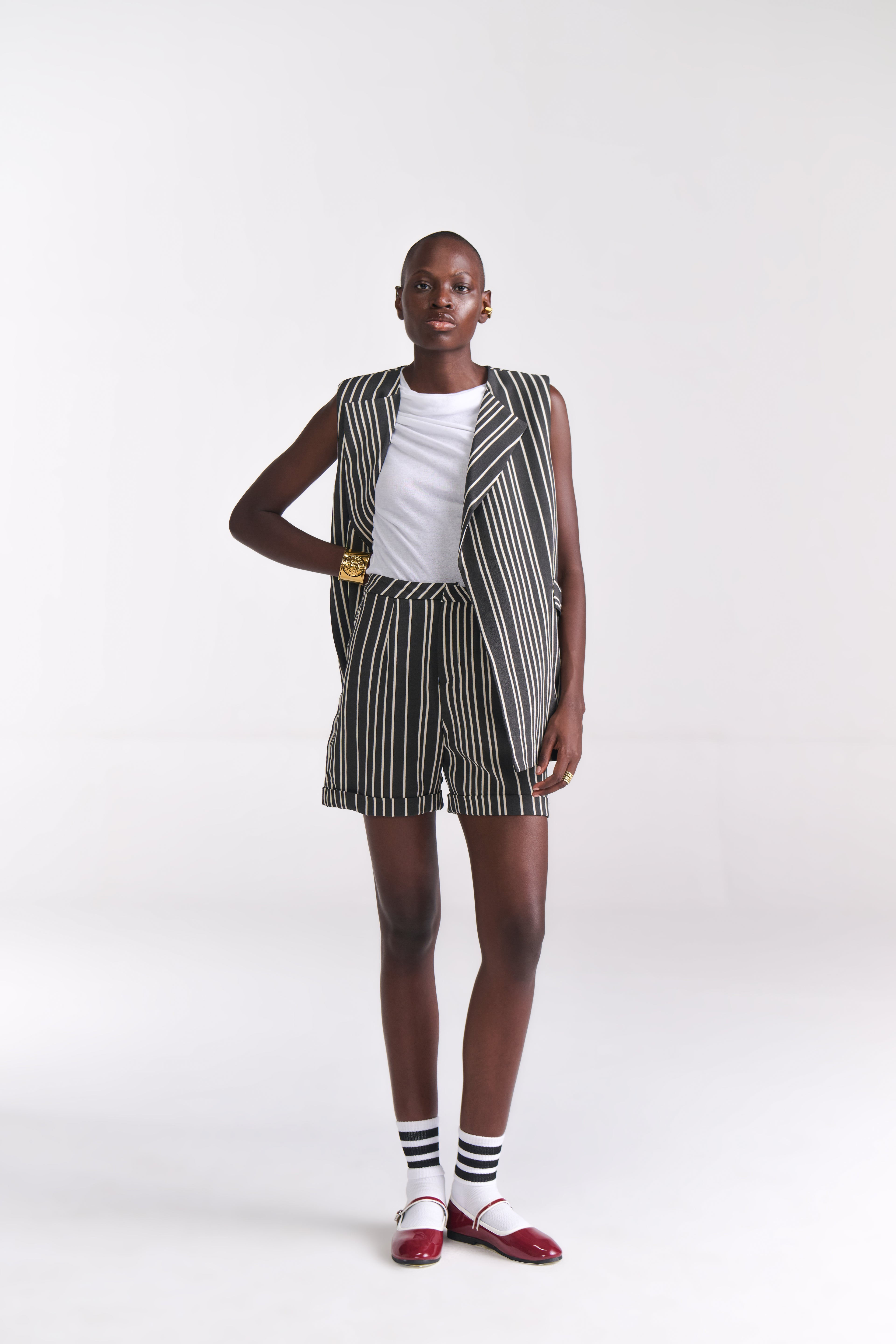 Sleeveless Stripe Jacket with Shorts Coord Set