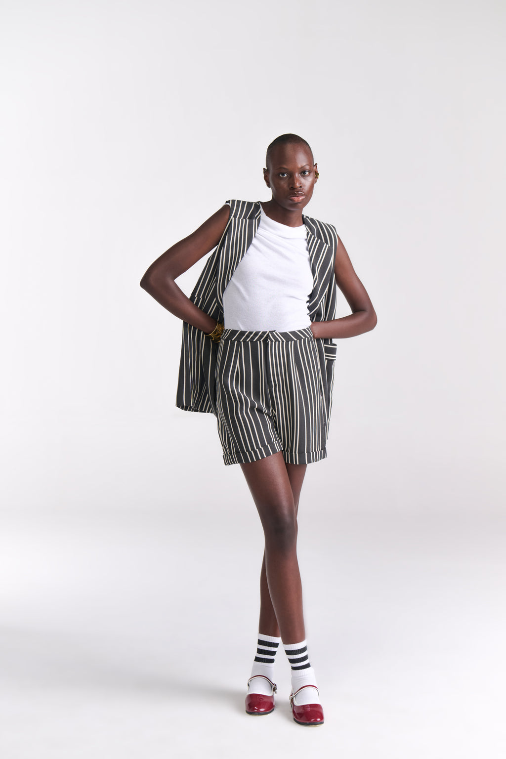 Sleeveless Stripe Jacket with Shorts Coord Set