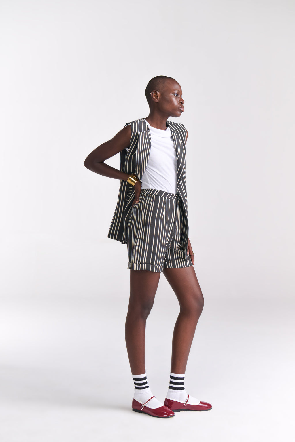 Sleeveless Stripe Jacket with Shorts Coord Set