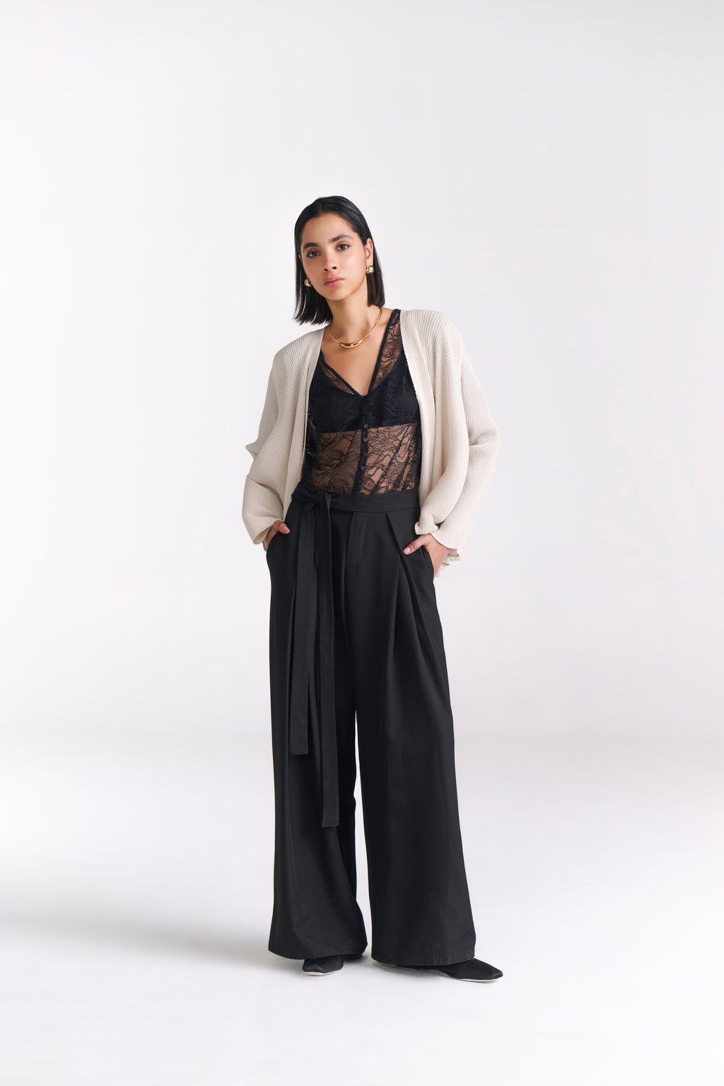 Black Tailored Belted Wide Leg Pants
