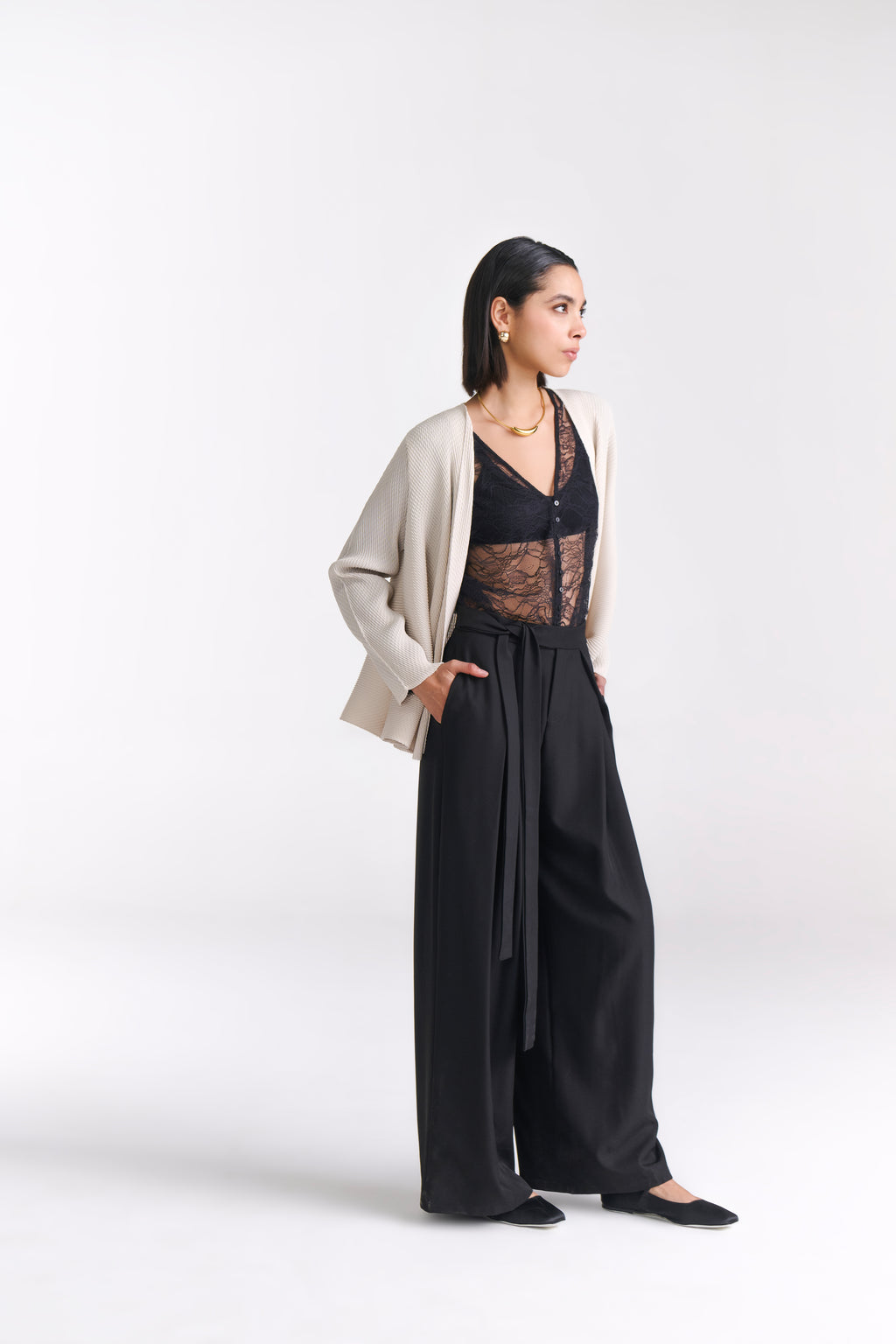 Black Tailored Belted Wide Leg Pants