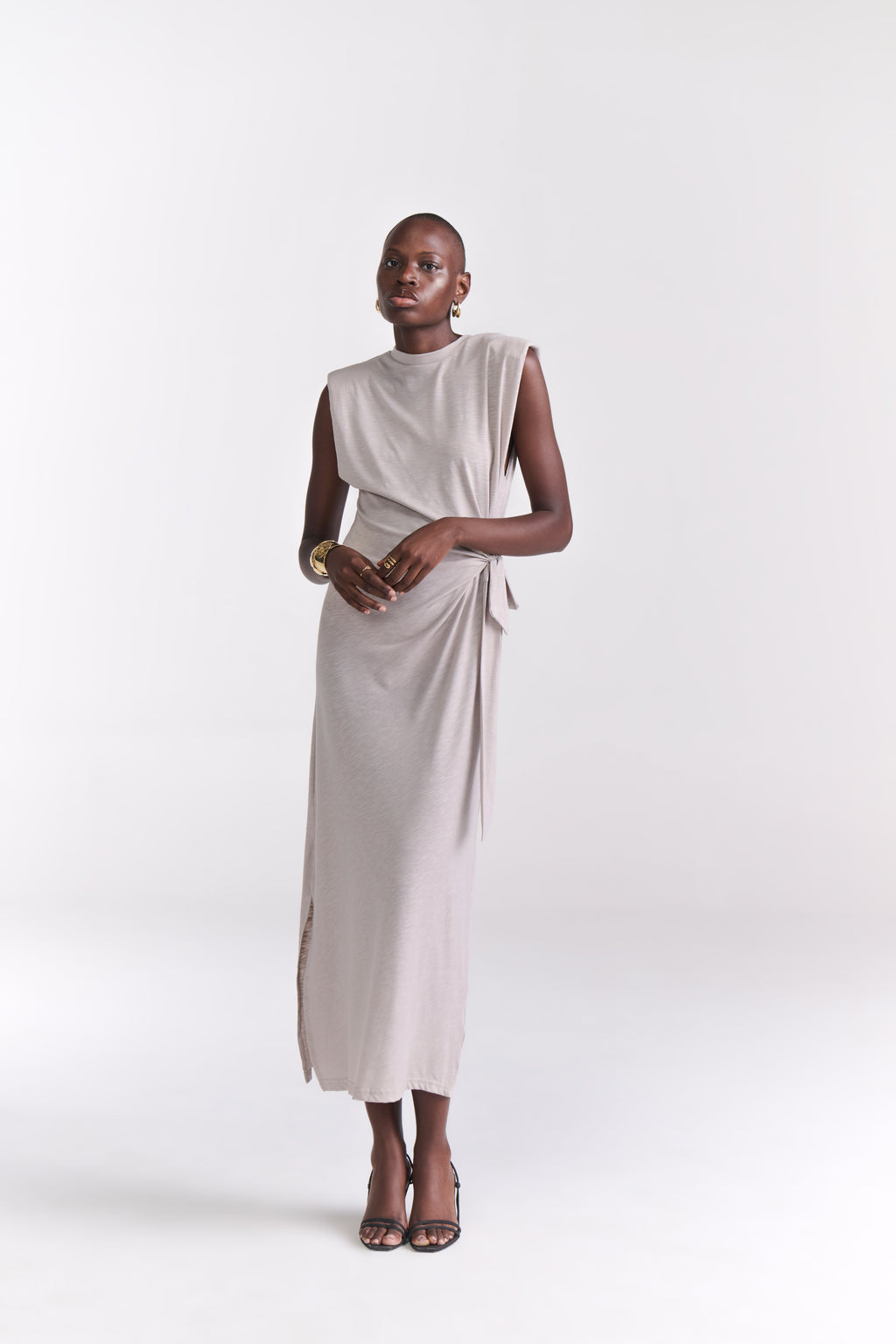 Grey Maxi Dress With Side Tie-Up Detail