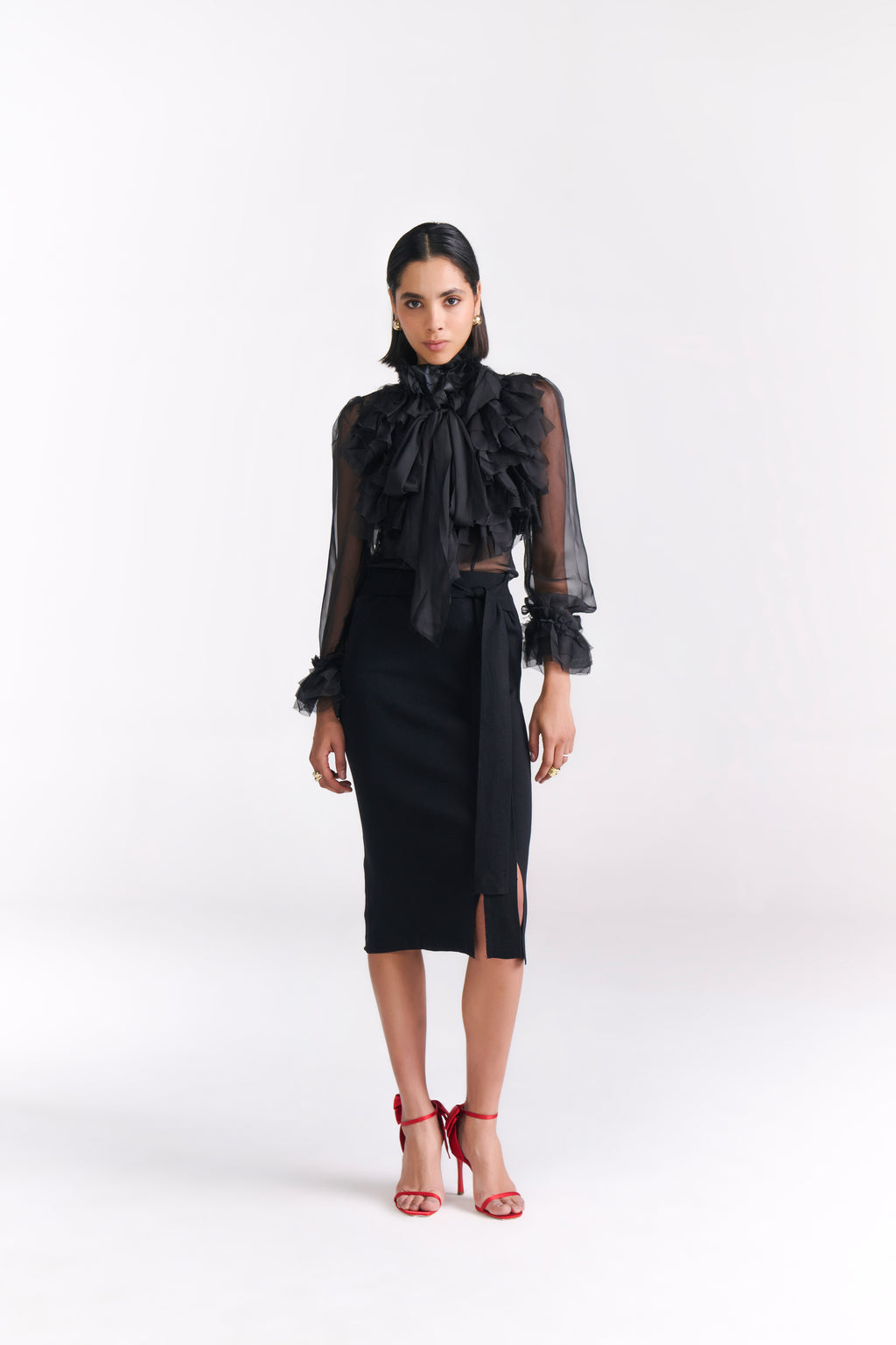 Black Knit Pencil Skirt with Front Bow Tie and Slit Detail