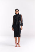 Black Knit Pencil Skirt with Front Bow Tie and Slit Detail