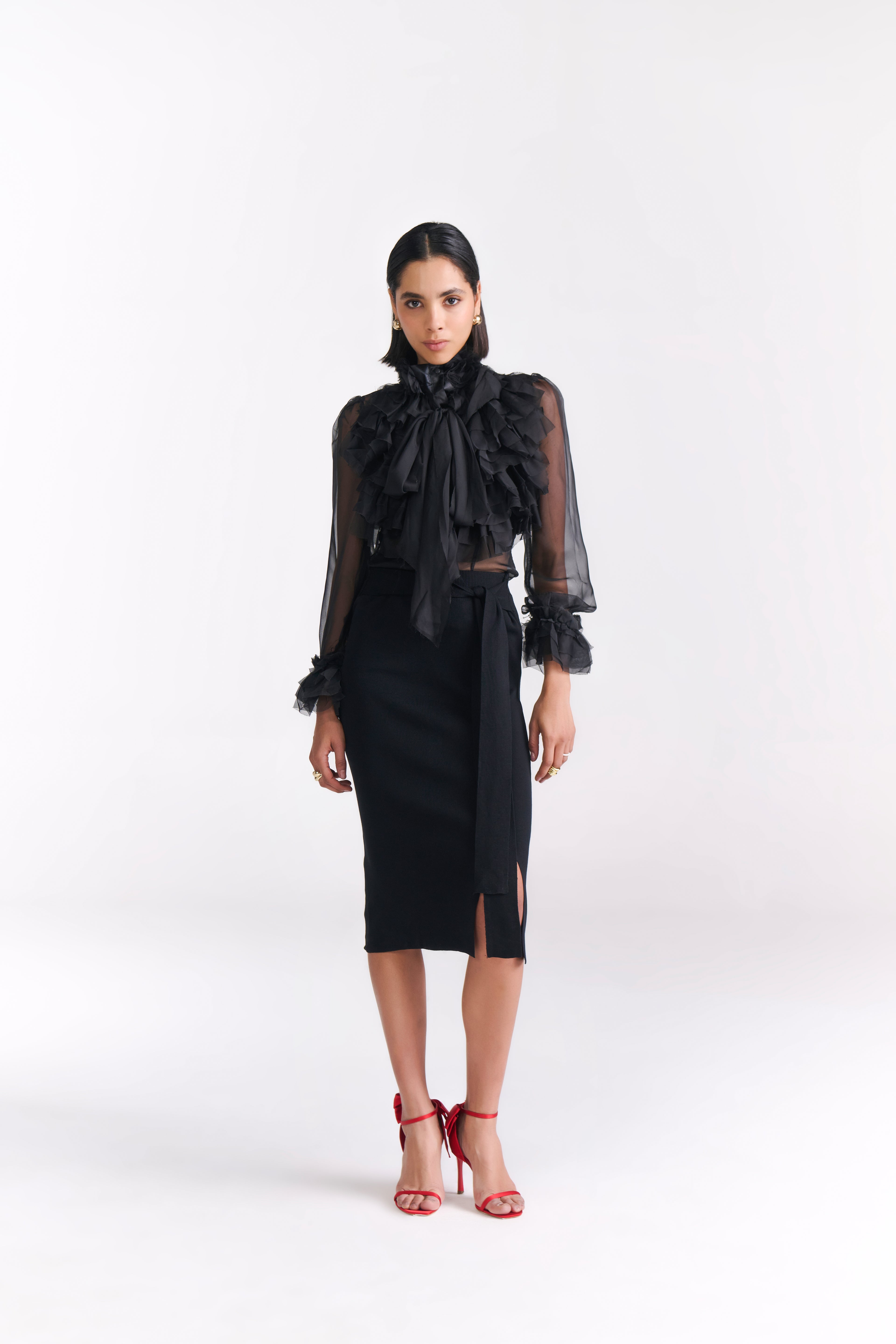Black Knit Pencil Skirt with Front Bow Tie and Slit Detail