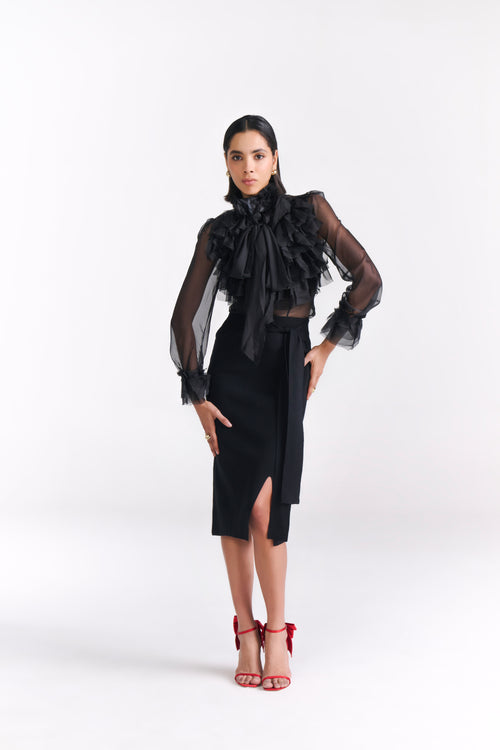 Black Knit Pencil Skirt with Front Bow Tie and Slit Detail