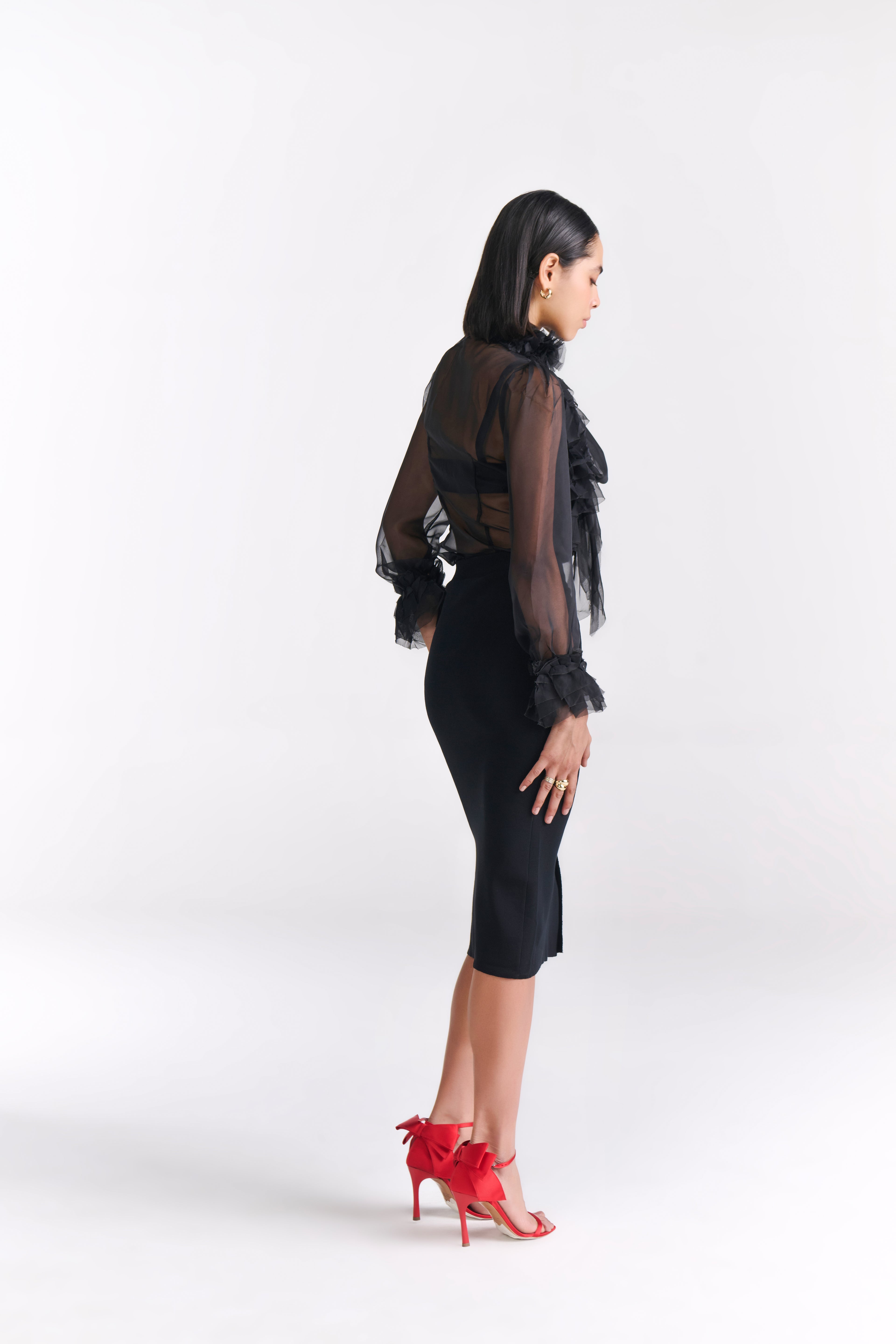 Black Knit Pencil Skirt with Front Bow Tie and Slit Detail
