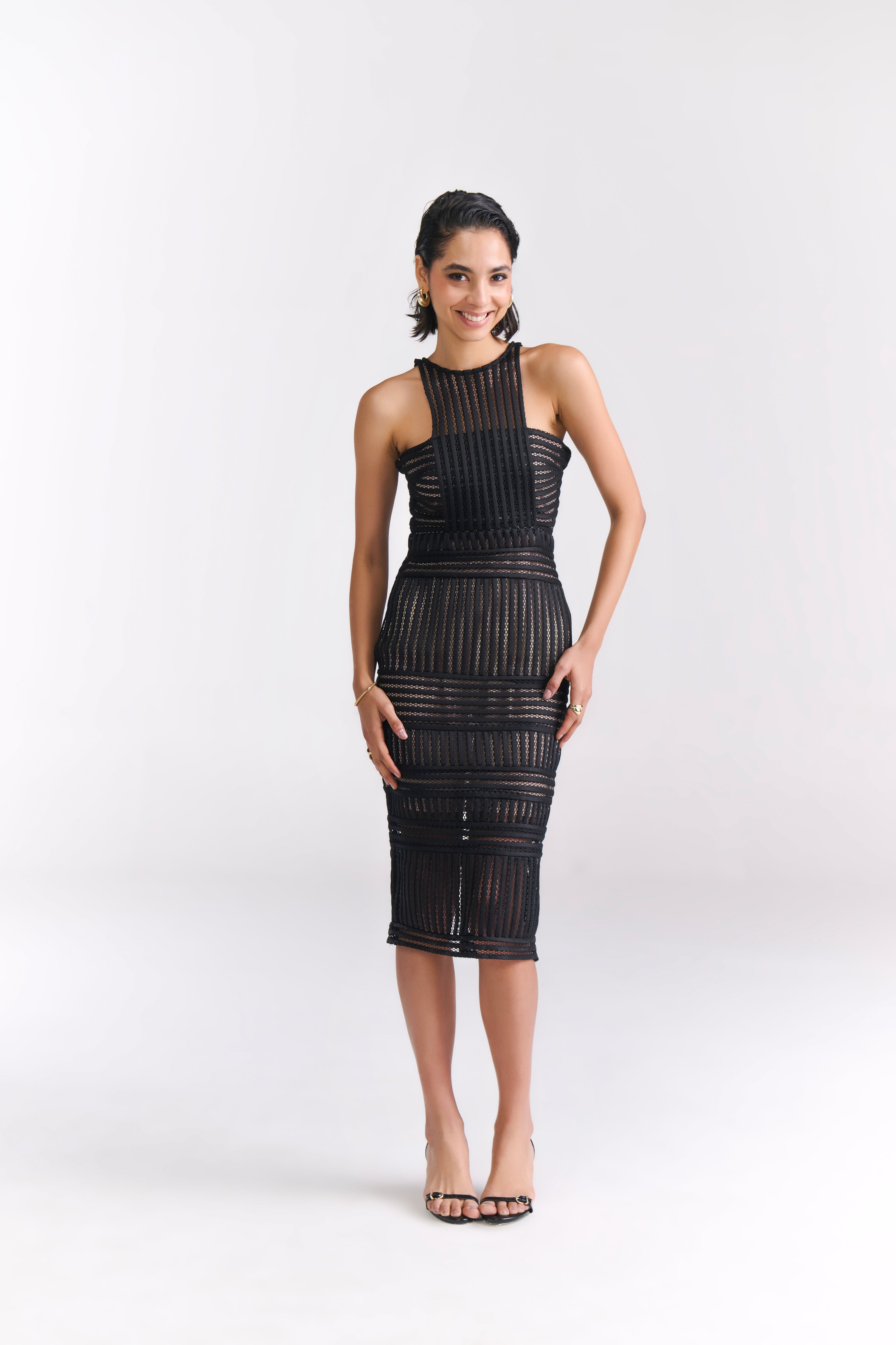 Black Mesh Cocktail Midi Dress