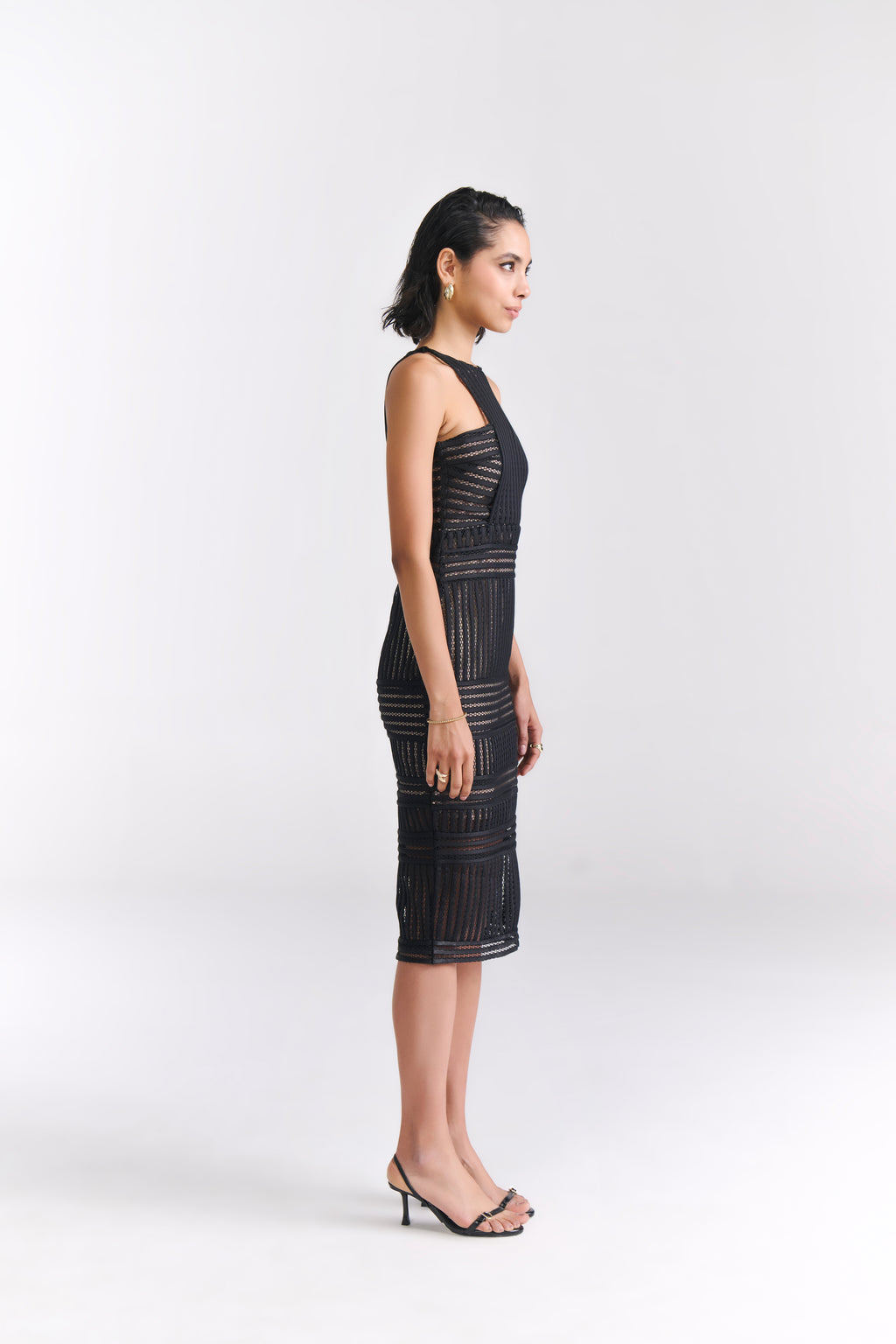 Black Mesh Cocktail Midi Dress