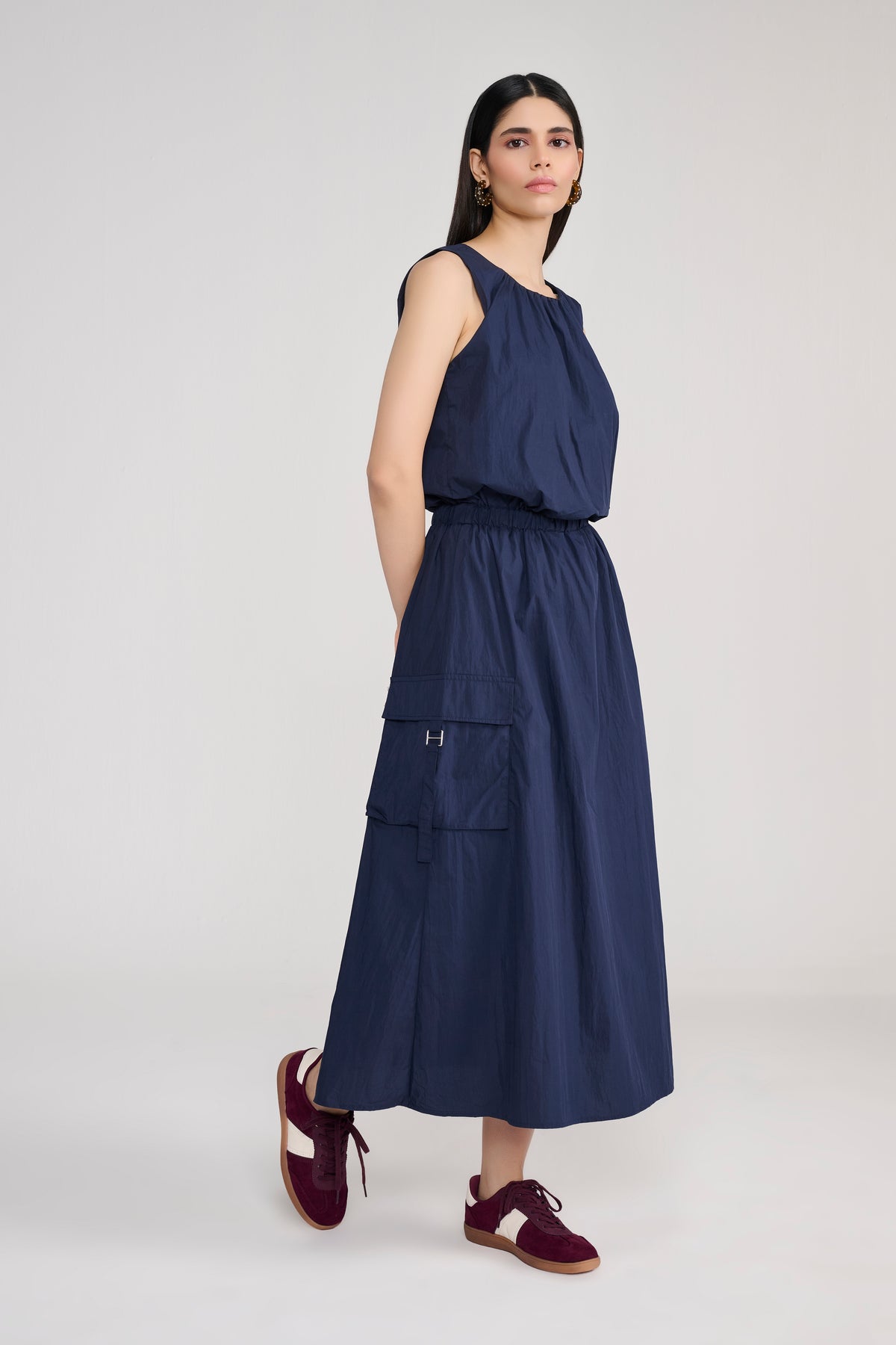 Navy Blue Sleeveless Parachute Midi Dress view 2 — Tastes Like Couture, The Curated Collective