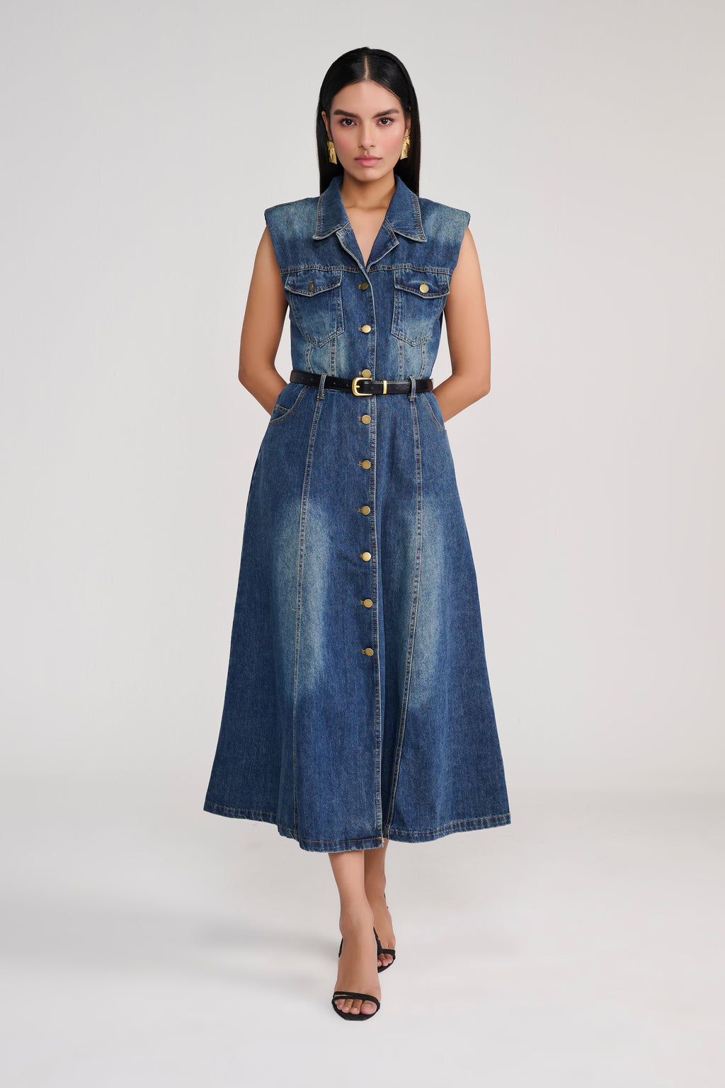 Denim Sleeveless Button-Down Midi Dress with Belt