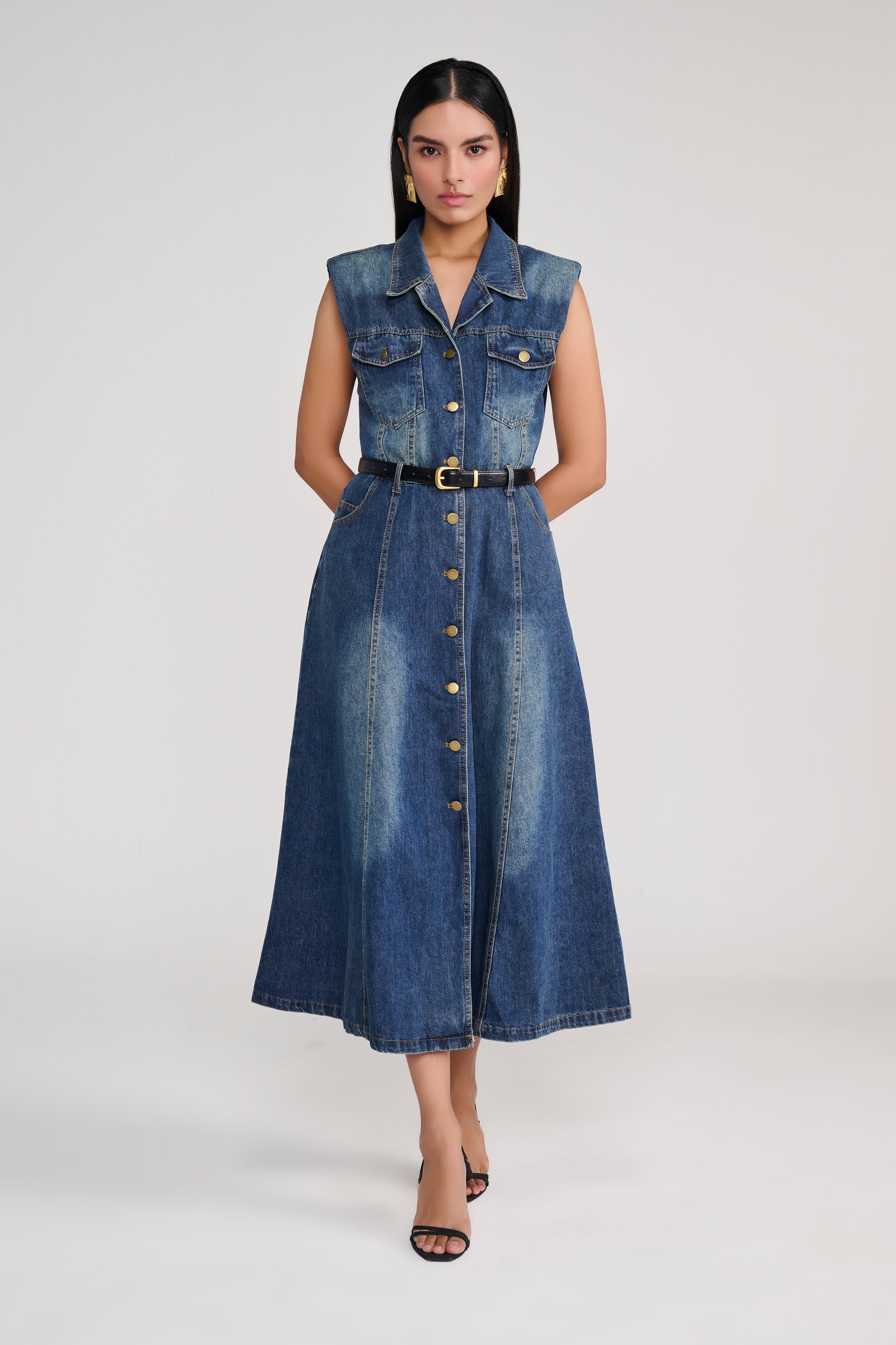 Denim Sleeveless Button-Down Midi Dress with Belt