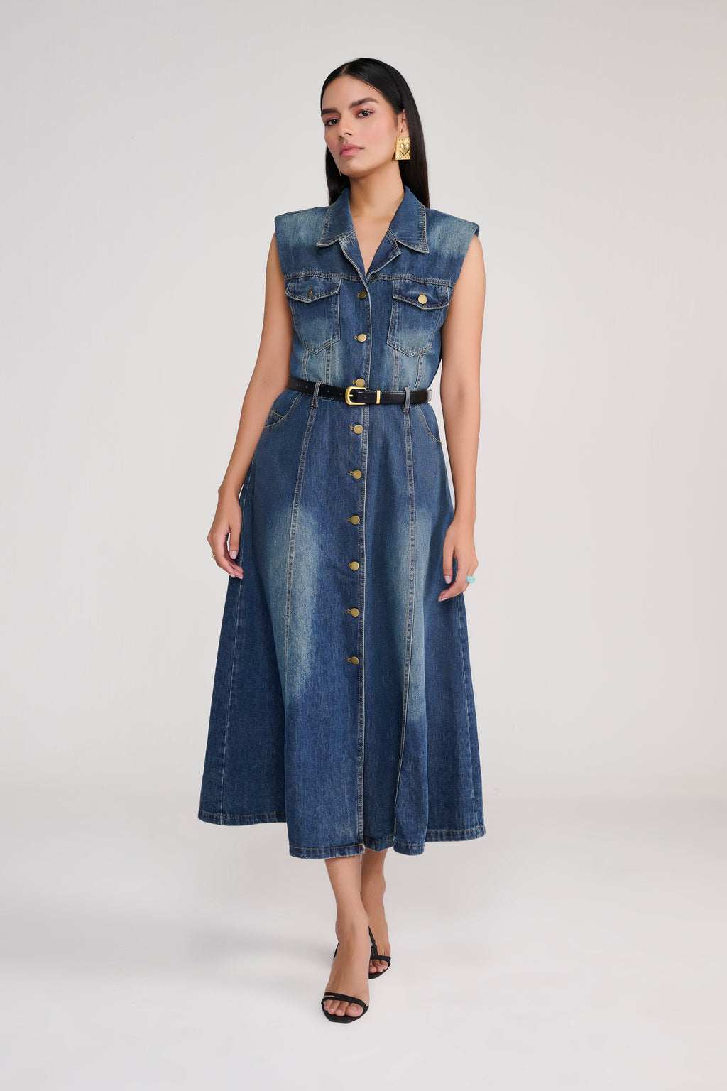 Denim Sleeveless Button-Down Midi Dress with Belt