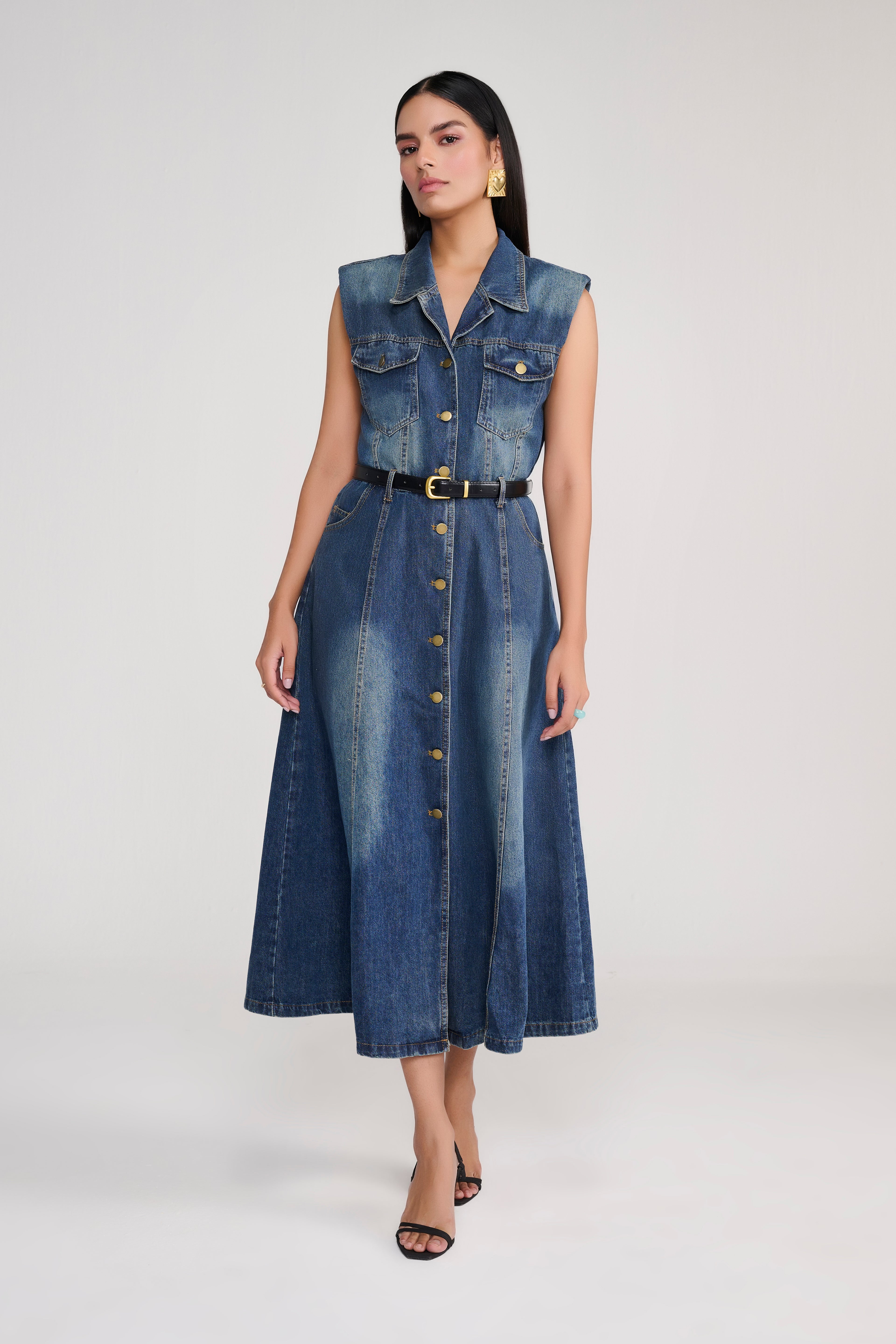 Denim Sleeveless Button-Down Midi Dress with Belt