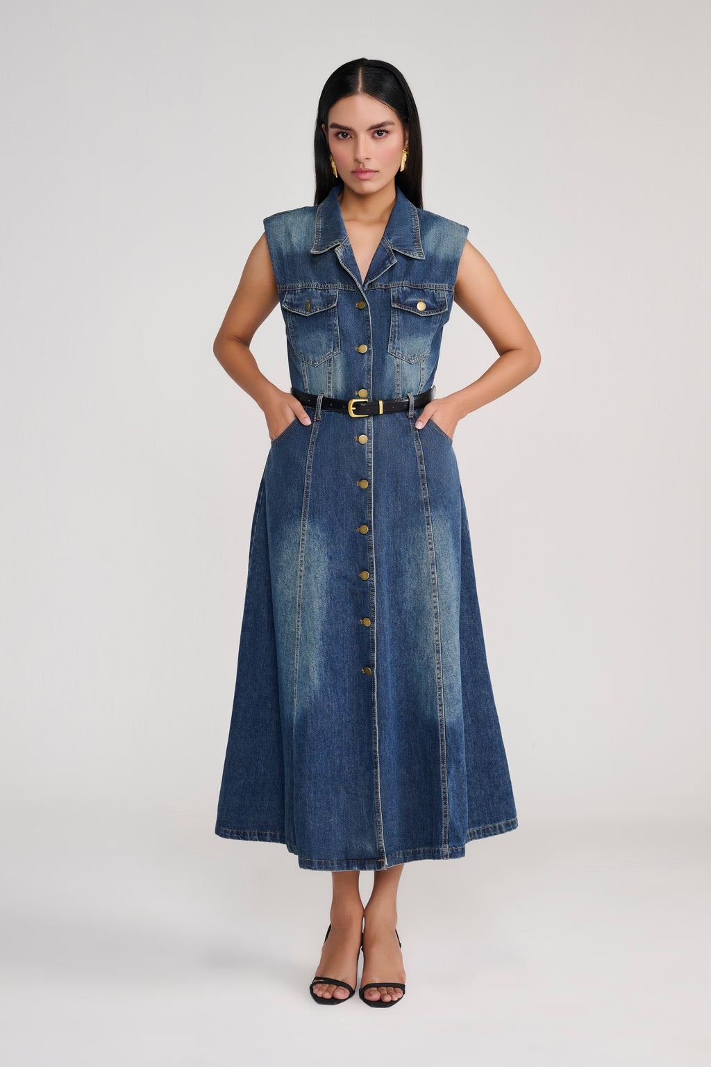 Denim Sleeveless Button-Down Midi Dress with Belt