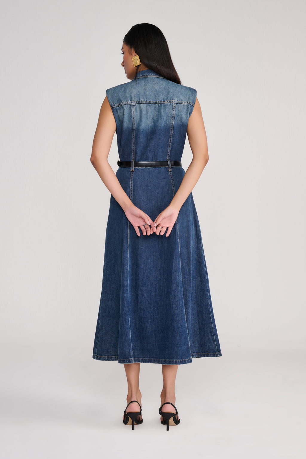 Denim Sleeveless Button-Down Midi Dress with Belt