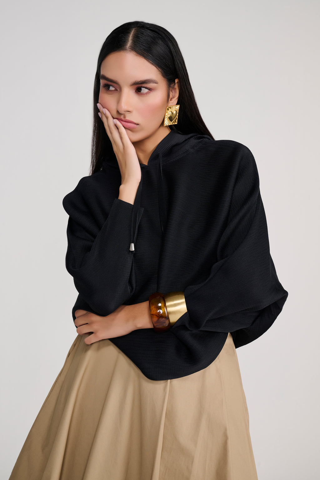 Black Heat Pleated Hoodie