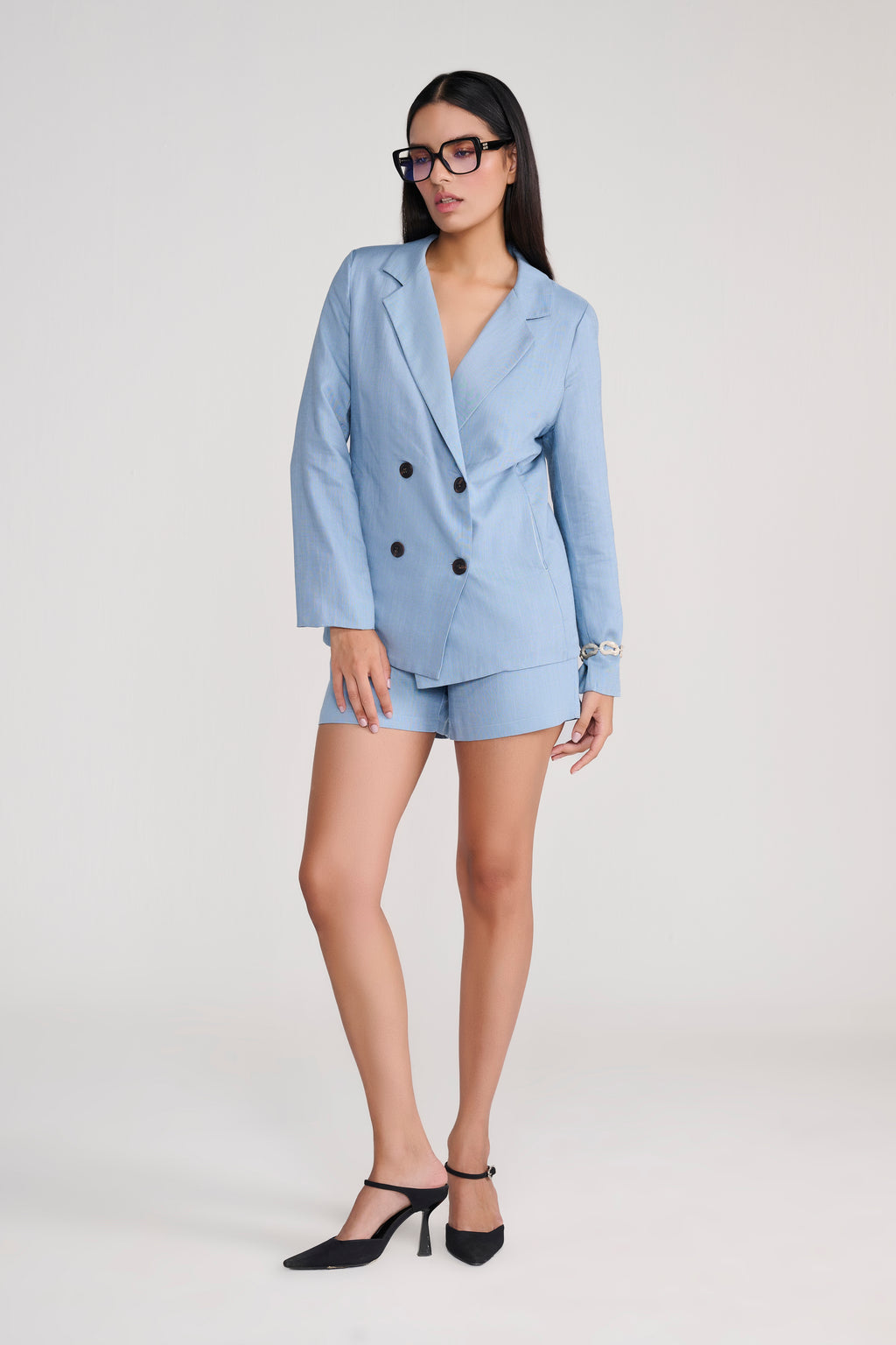 Blue Linen Jacket with Shorts Coordinate Set