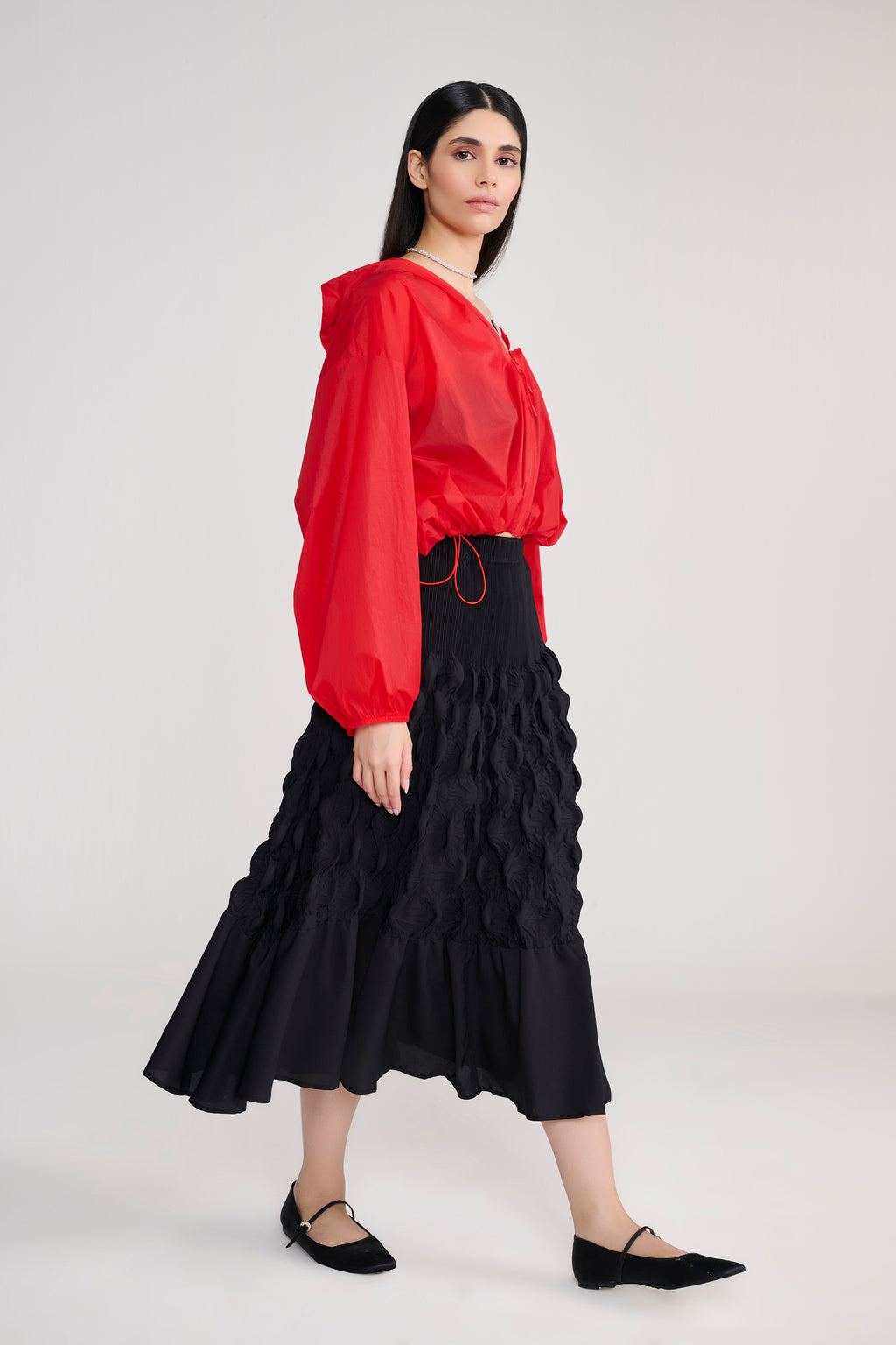 Heat Pleated Bubbled Black Midi Skirt