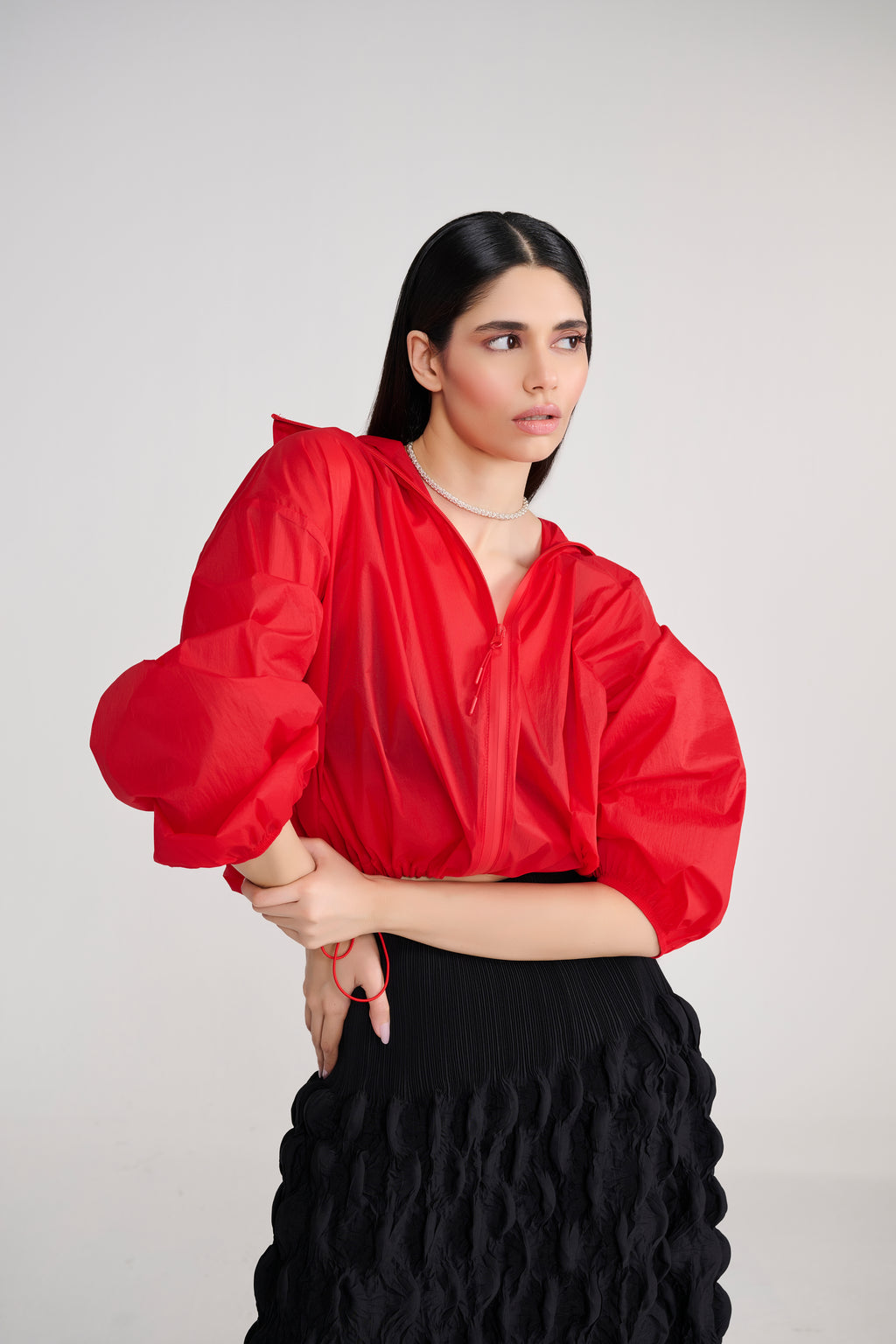 Red Hoodie Wind Cheater Jacket With Drawstring