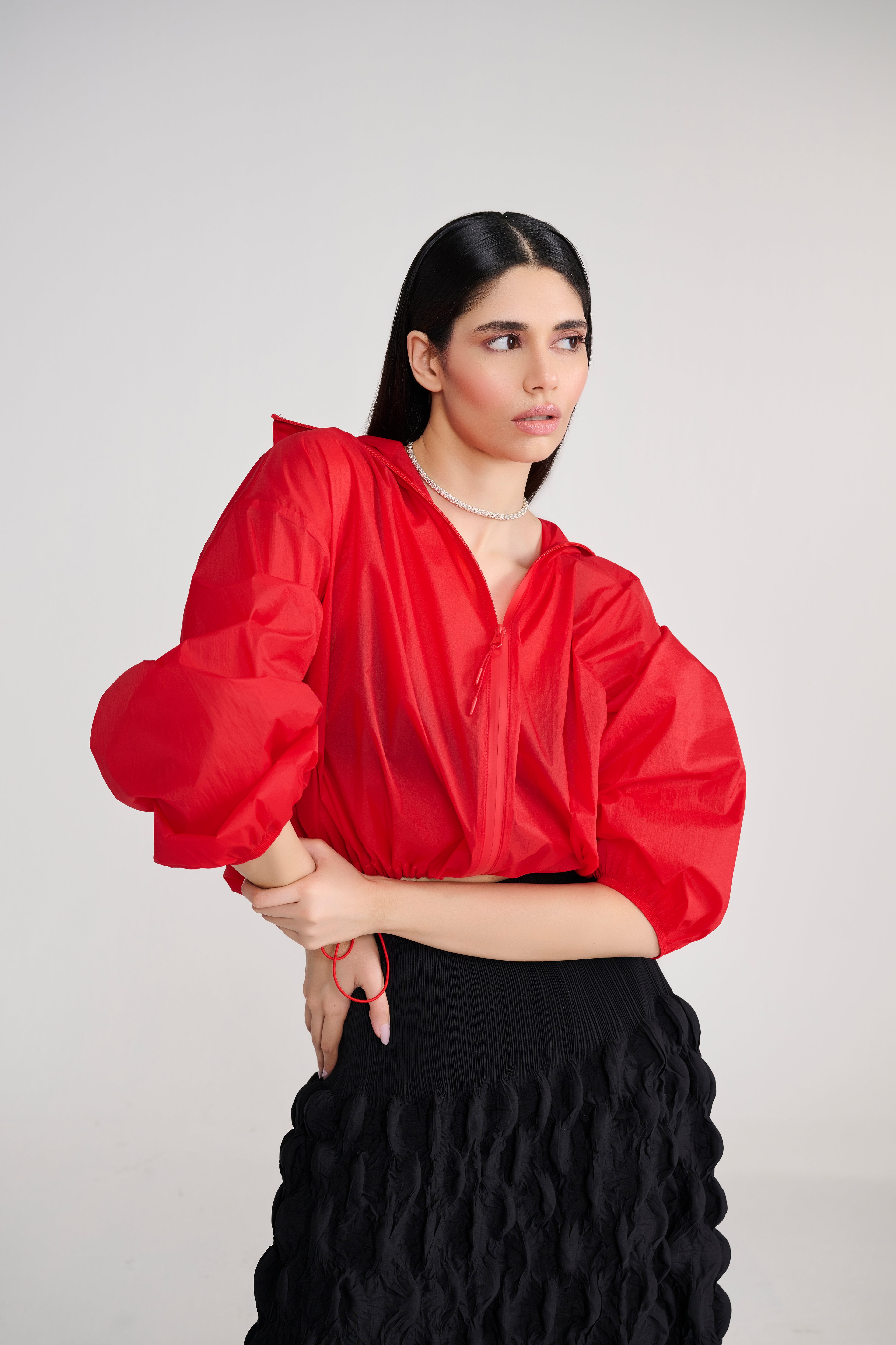 Red Hoodie Wind Cheater Jacket With Drawstring