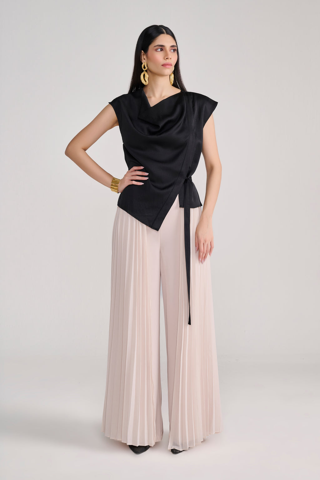 Black Silk Cowl Top With Side-Tie Detail