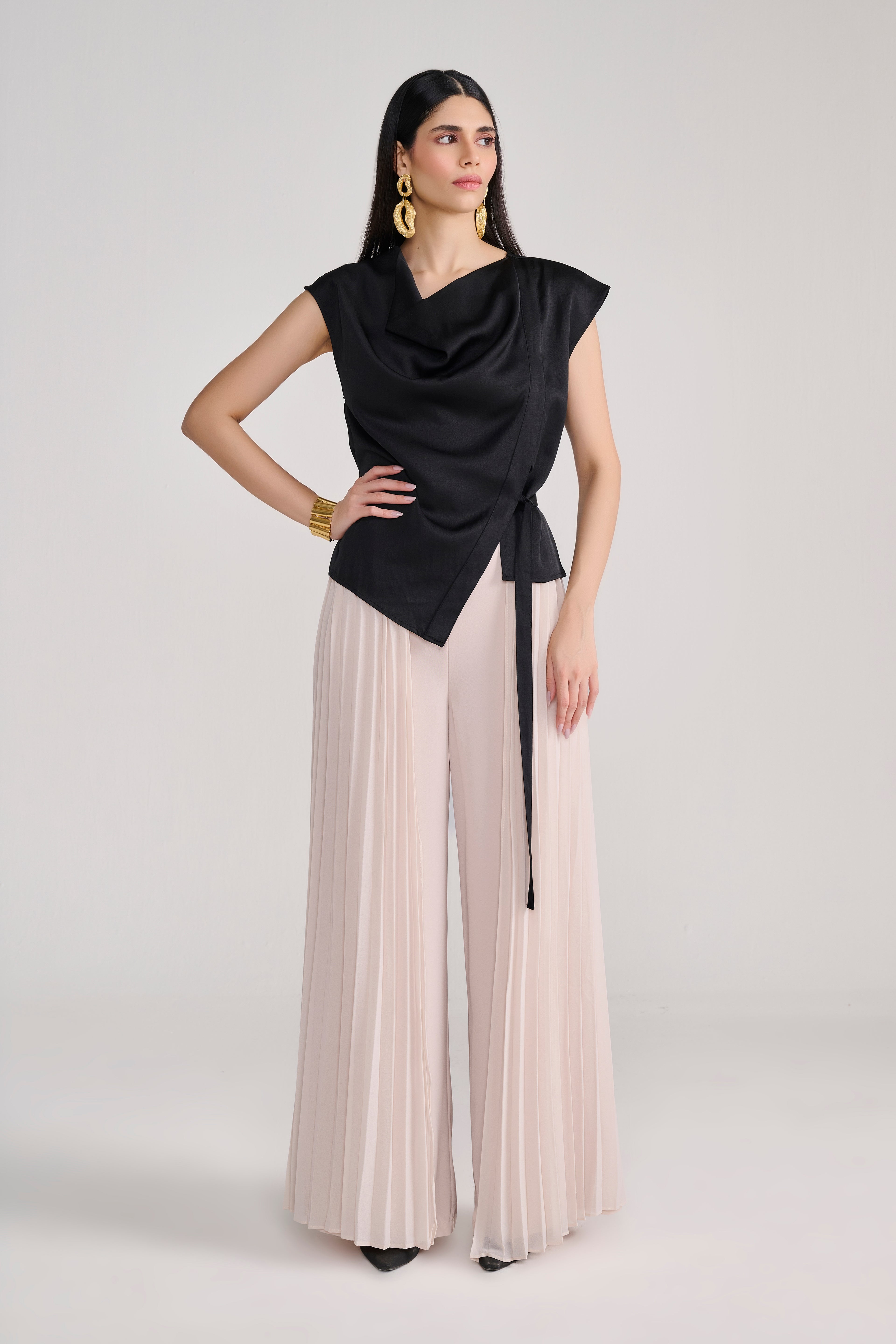 Beige Tailored Pants With Side Pleated Layer Detail